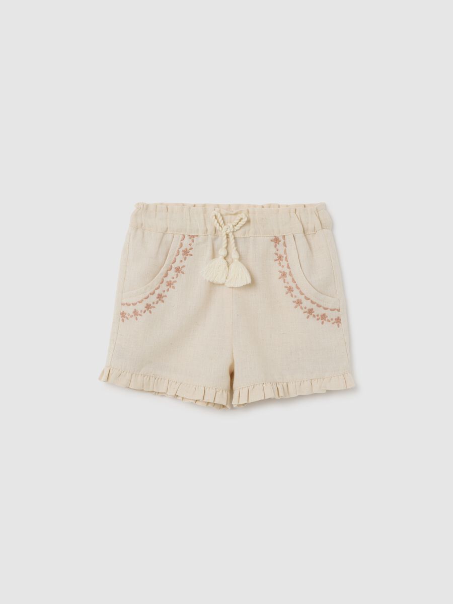 Baby girls&rsquo; beige regular-fit shorts in cotton with fringe_0