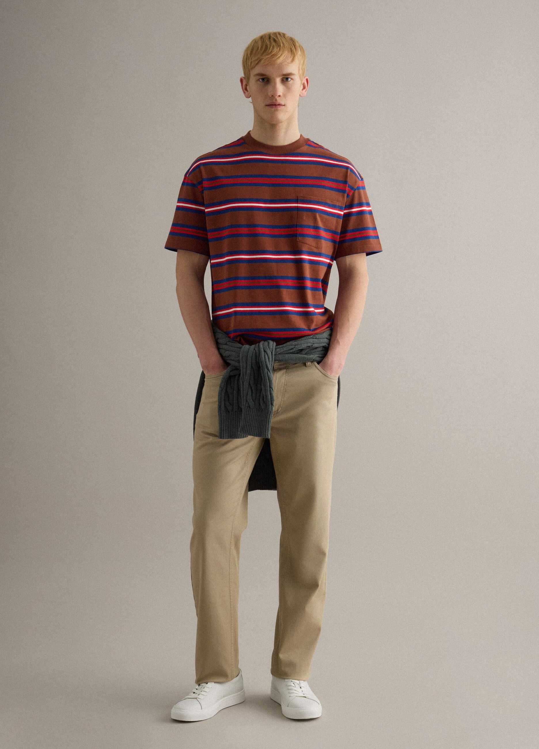 Multicolour striped pure cotton relaxed fit T-shirt
