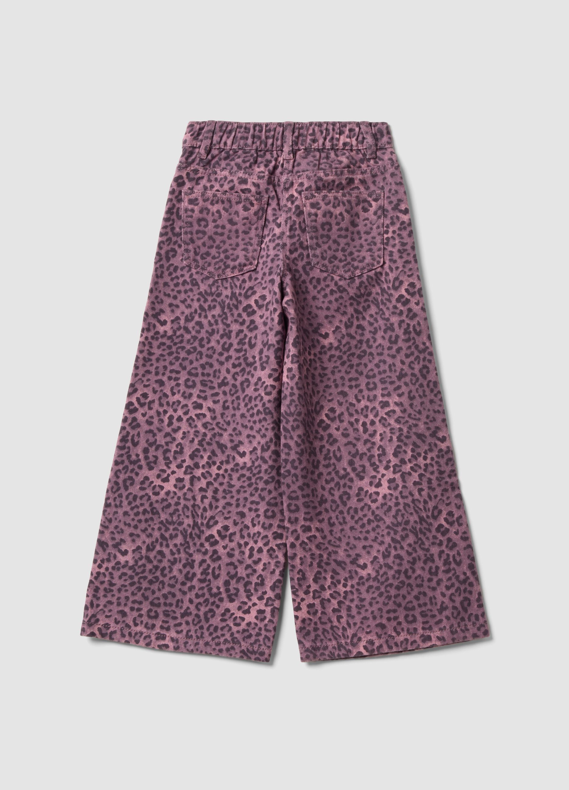 Purple wide-leg pure cotton trousers with animal print for girls