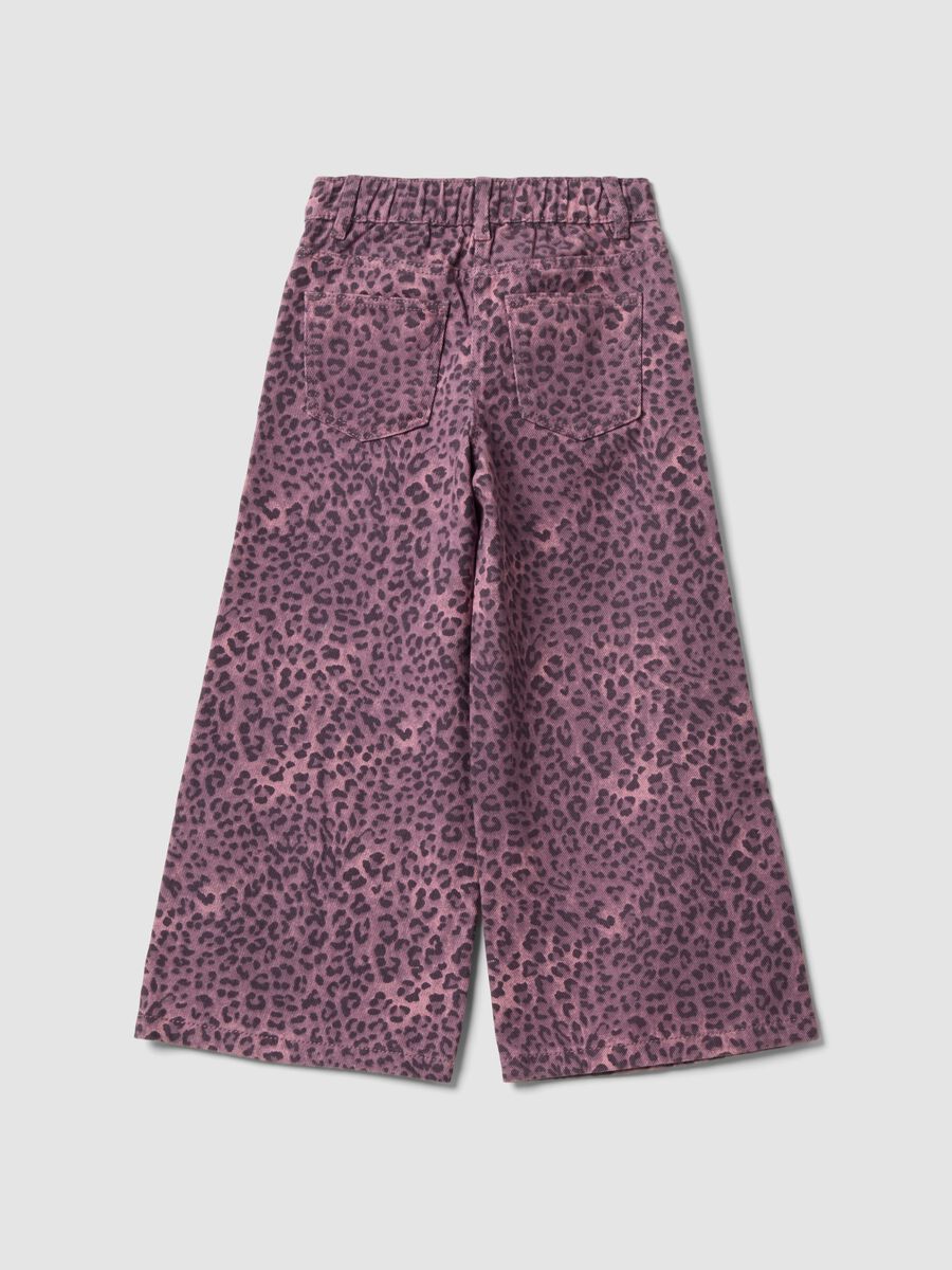 Purple wide-leg pure cotton trousers with animal print for girls_1