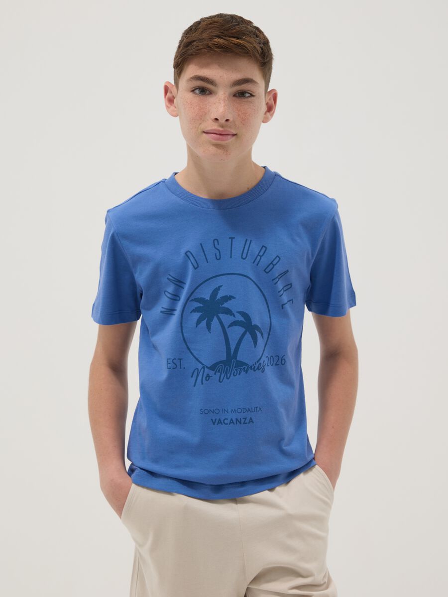 Blue short-sleeved T-shirt in pure organic cotton for boys_0