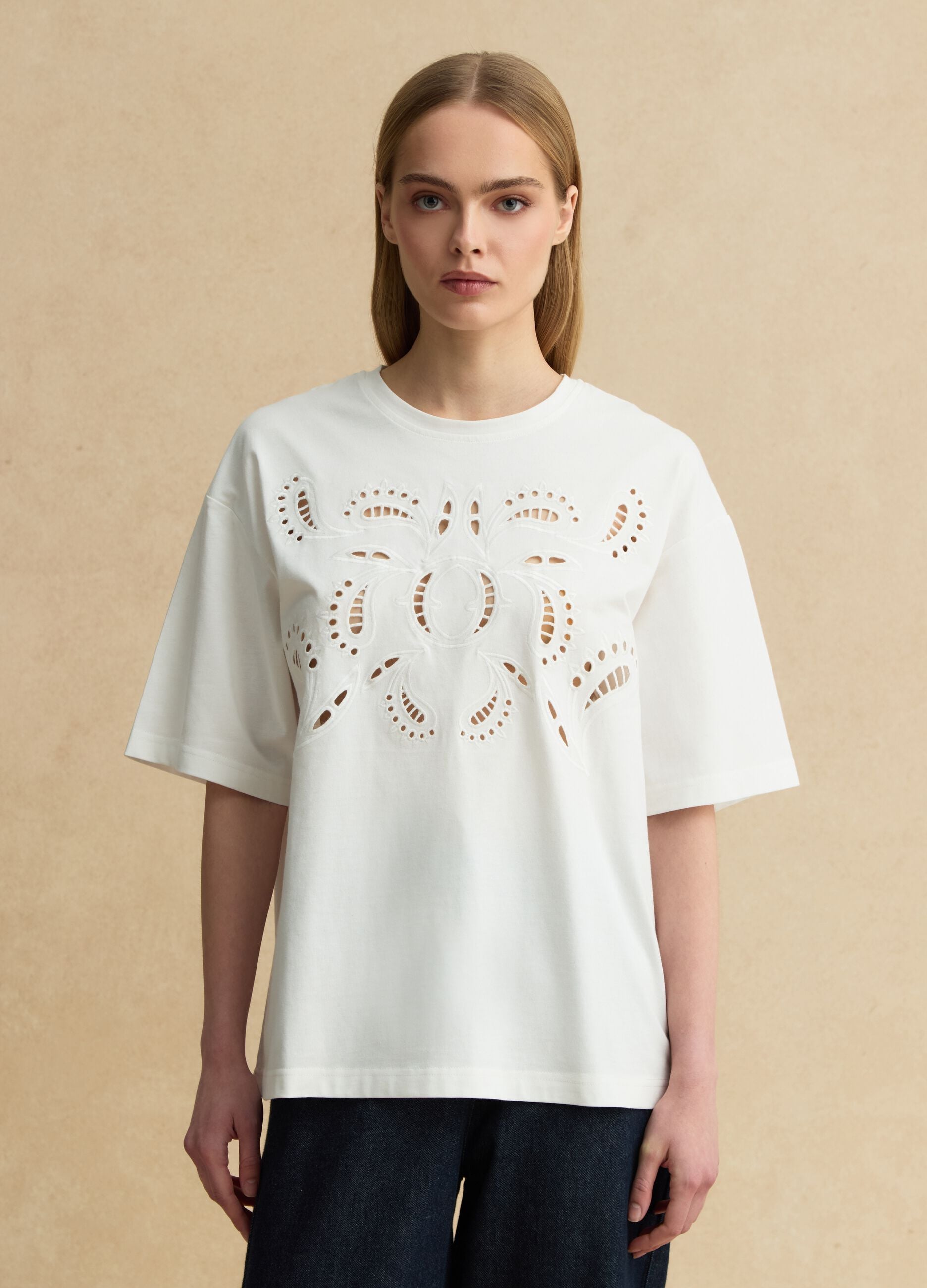 White pure cotton regular-fit T-shirt with broderie anglaise embroidery