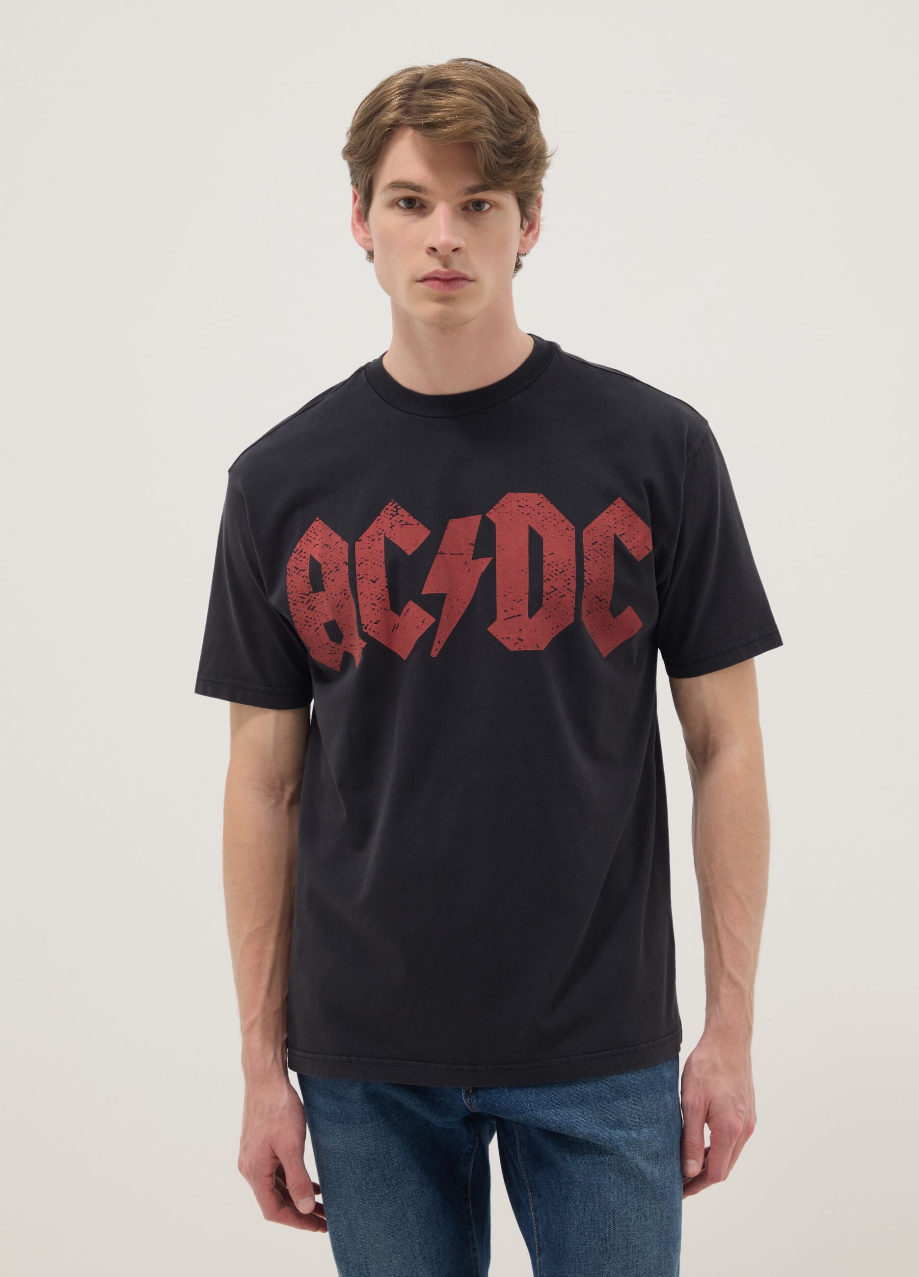 Black pure cotton regular fit T-shirt with AC/DC logo