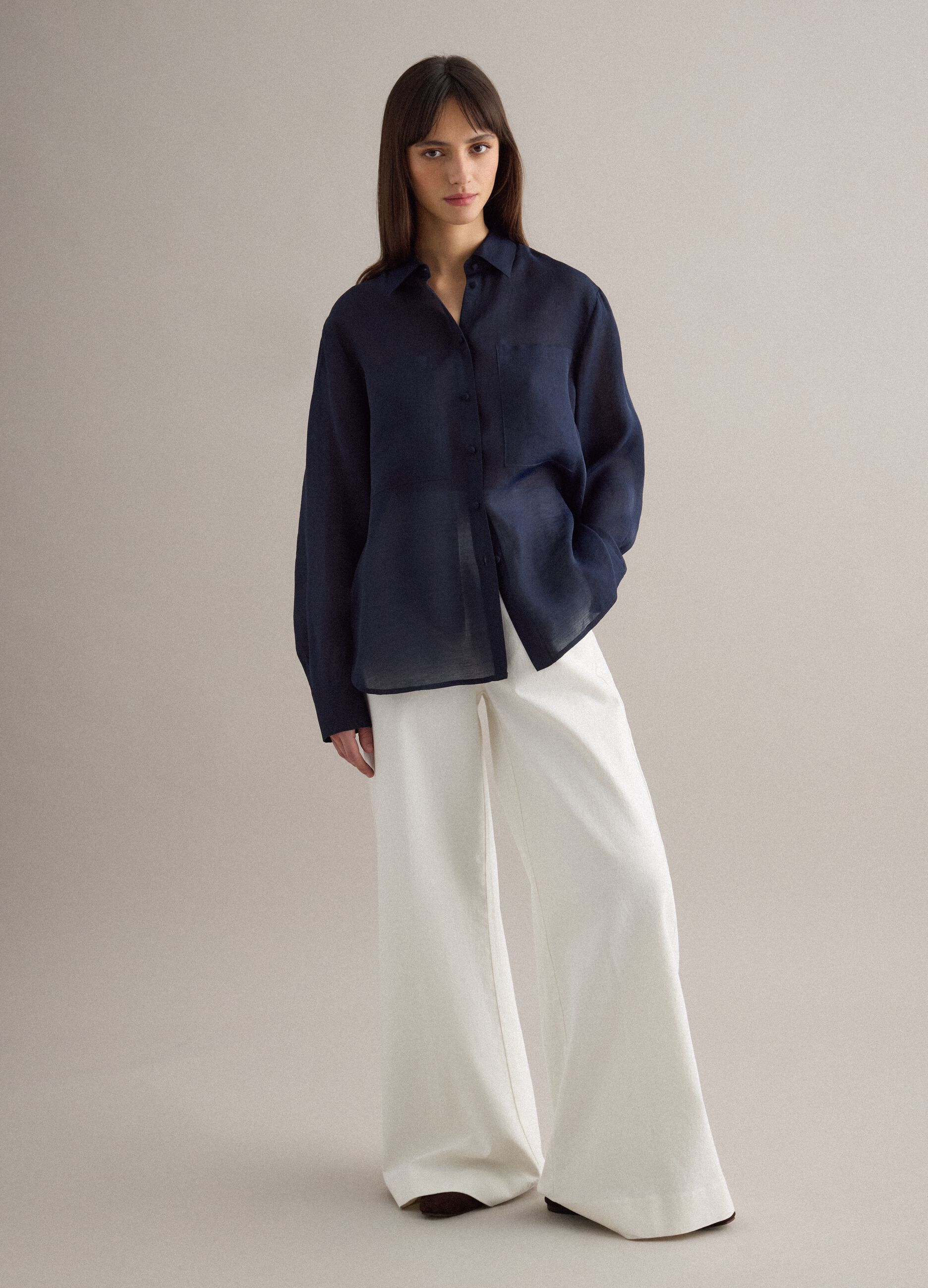 Blue long sleeve Lyocell shirt regular fit with classic collar