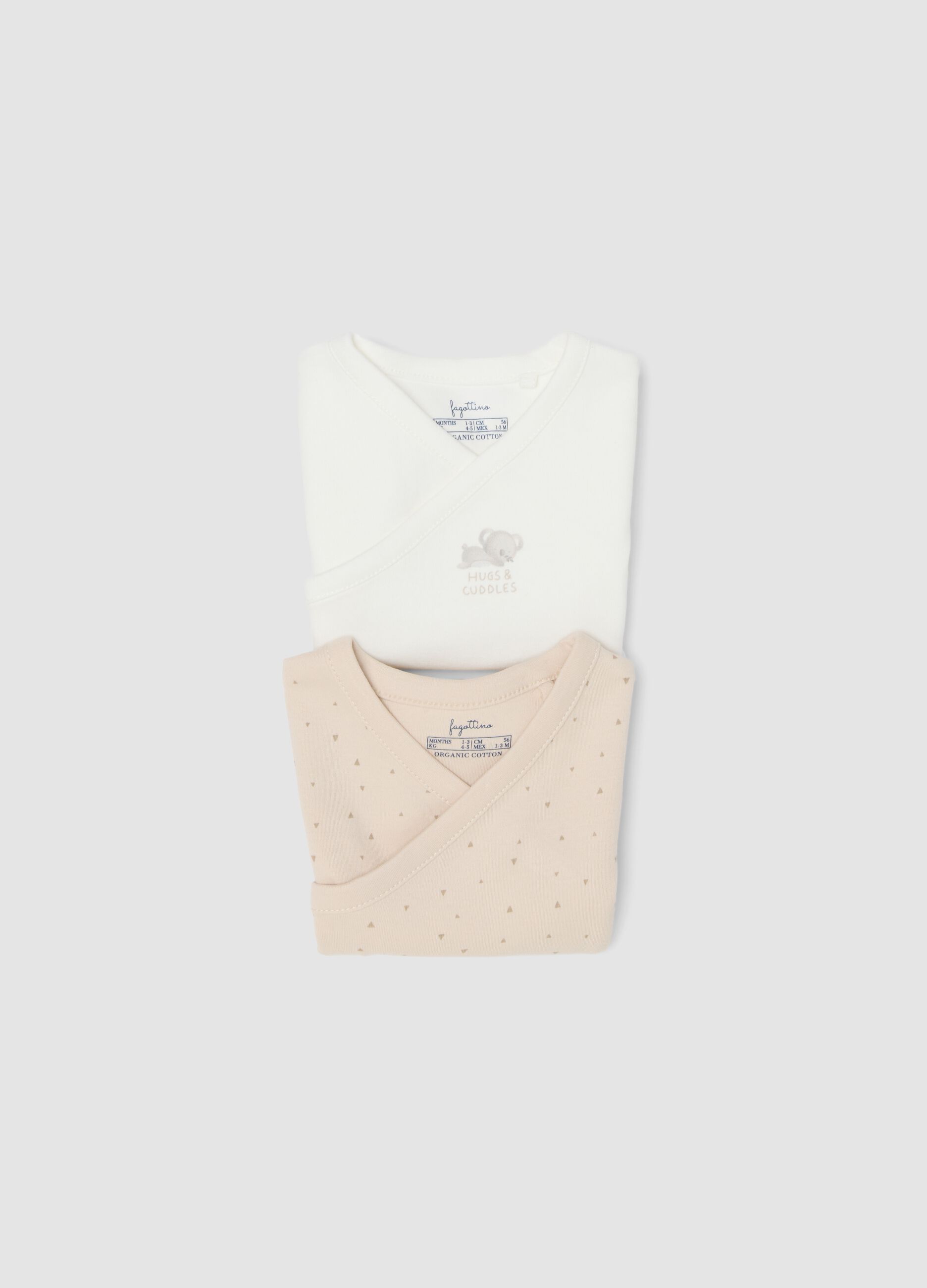 Two-pack of beige and white organic cotton short-sleeve bodysuits for baby boy