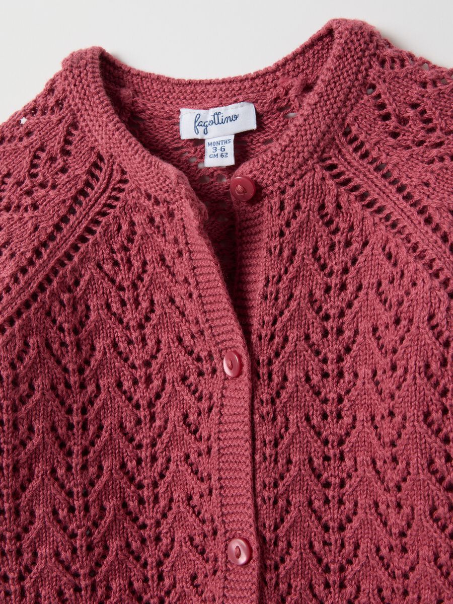Newborn girl's regular fit pink pure cotton cardigan with perforated design_2
