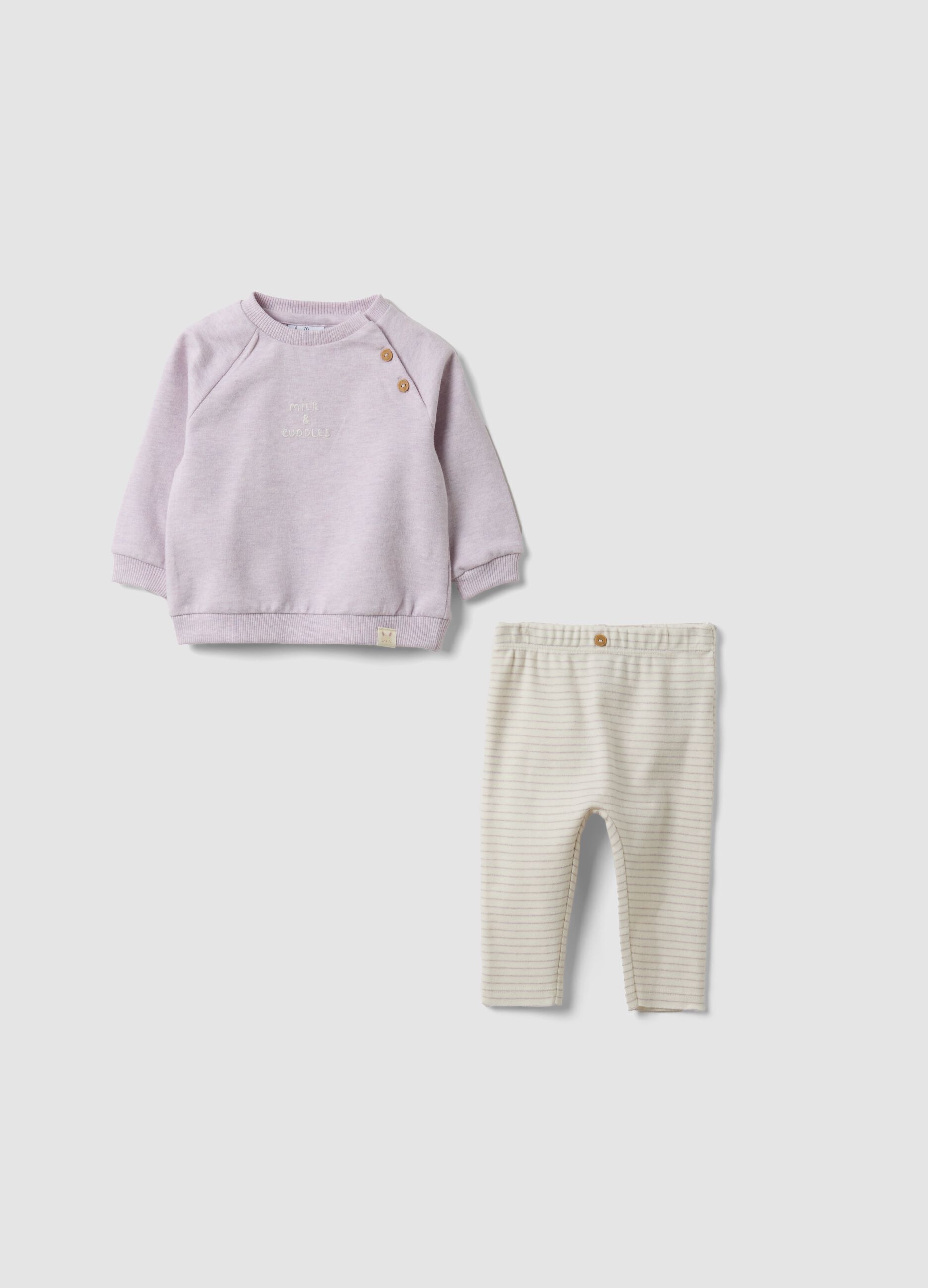 Purple organic cotton sweatshirt and leggings set for baby girl