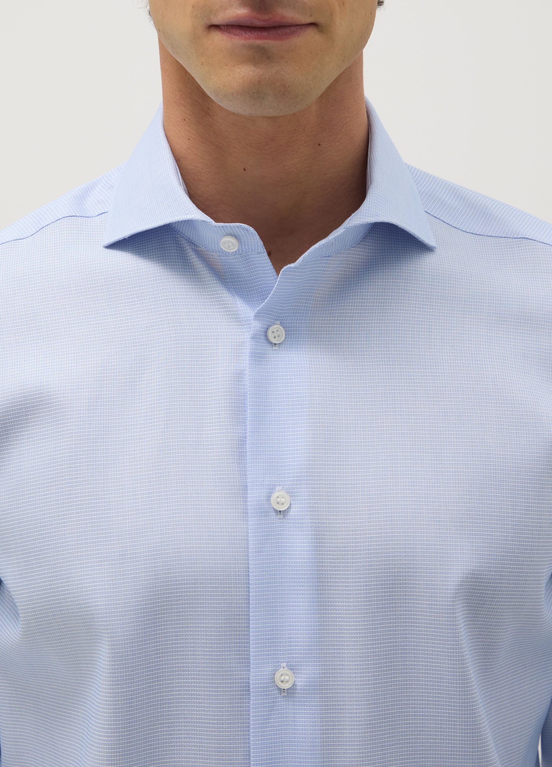 Sky blue pure cotton shirt with slim fit microcheck pattern