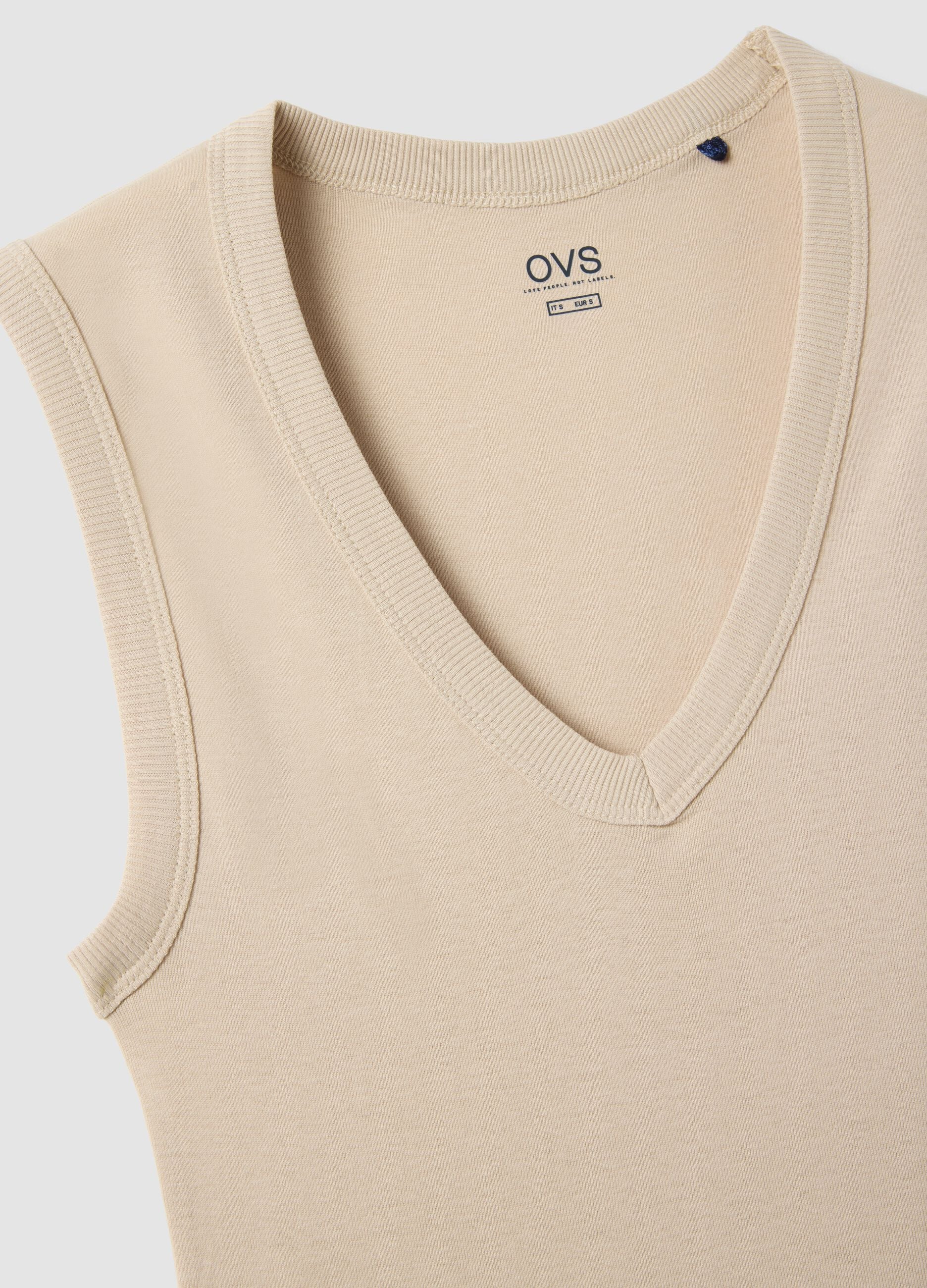Beige pure cotton V-neck tank top with regular fit