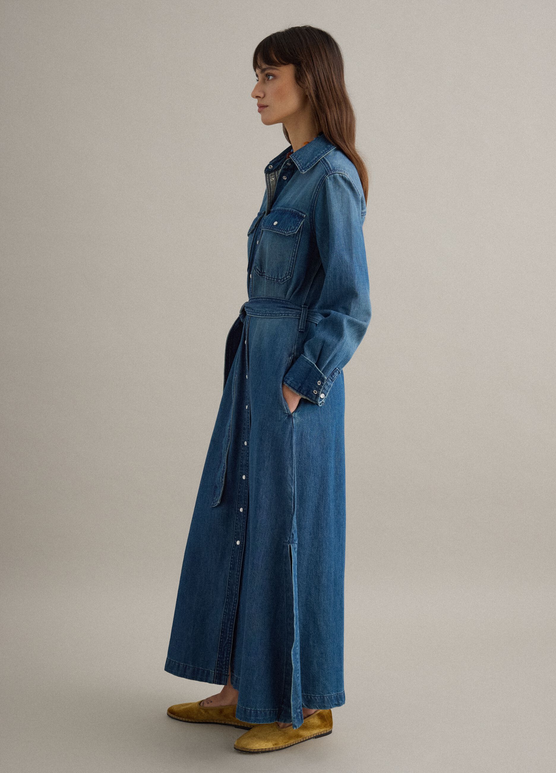 Long dress in pure blue denim cotton regular fit