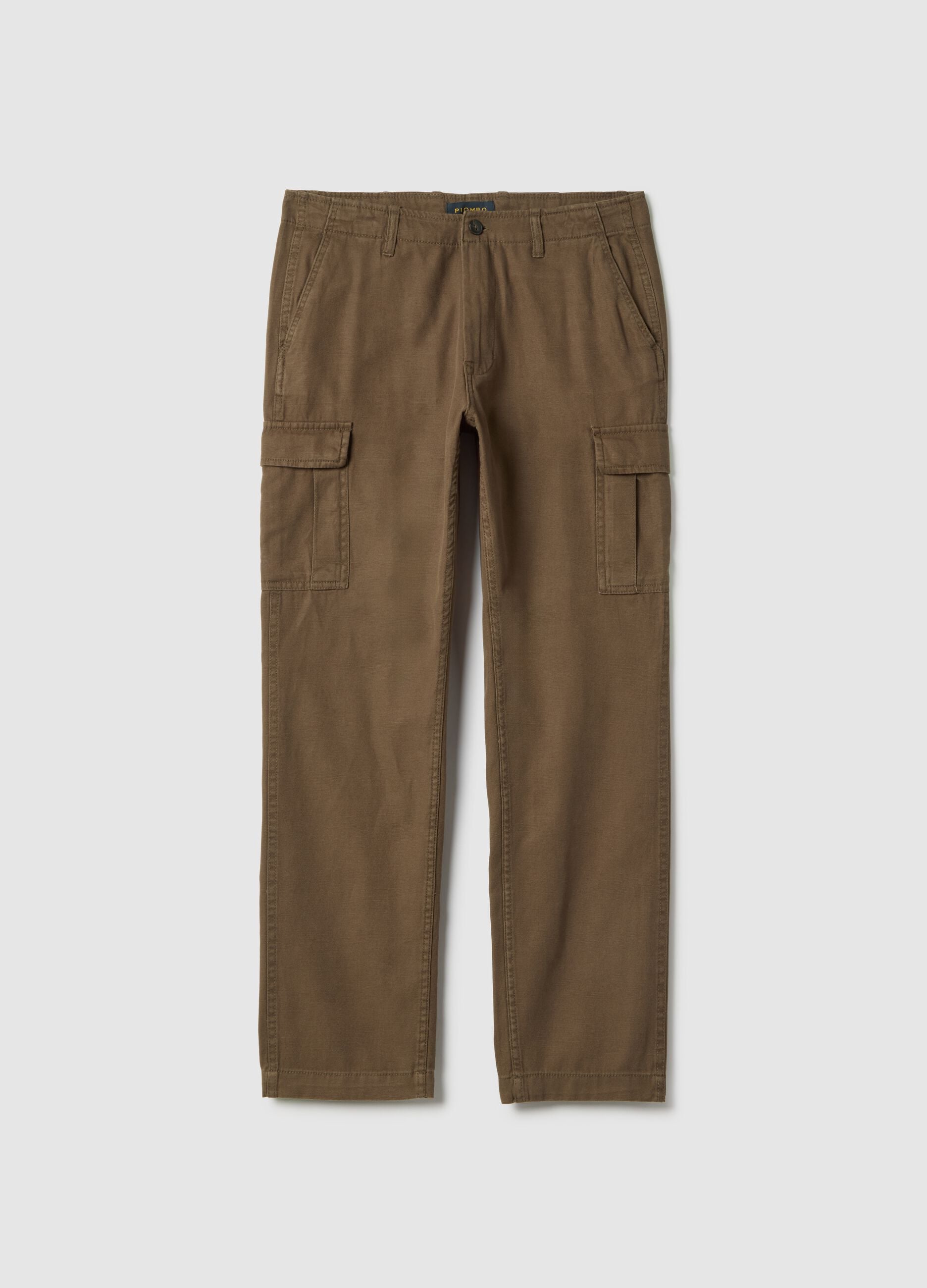 Brown regular fit cotton and linen cargo trousers