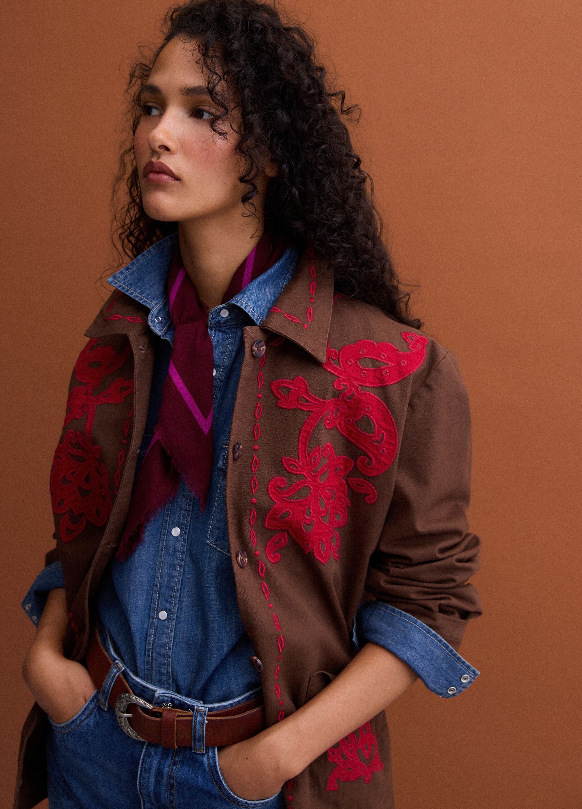 Brown pure cotton shacket with contrasting embroidery, regular fit