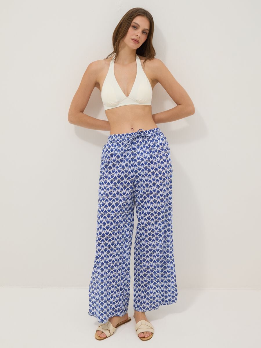 Long pure cotton multicolour floral-print trousers_0