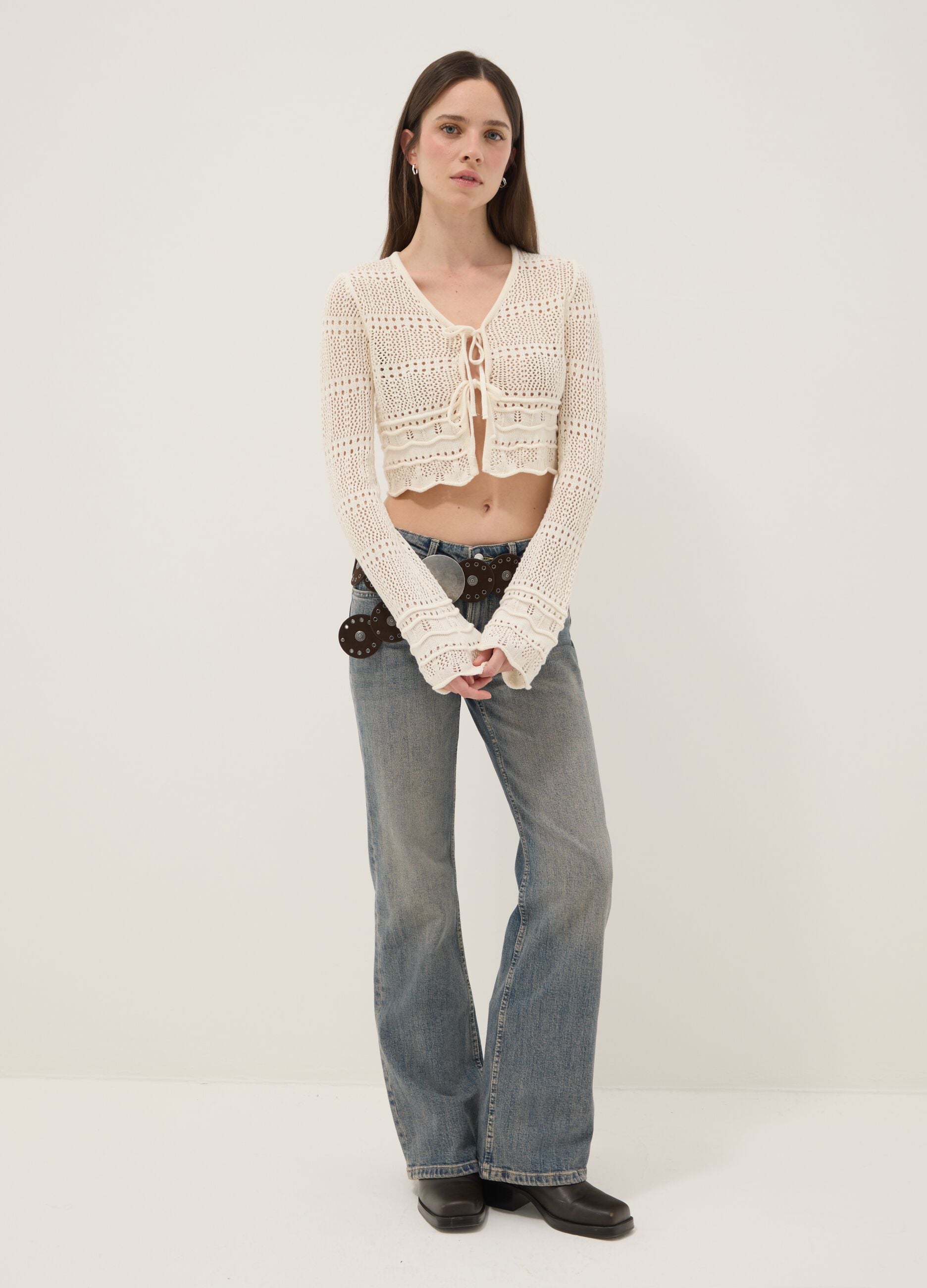 Pure white cotton knitted cardigan with deep V regular fit