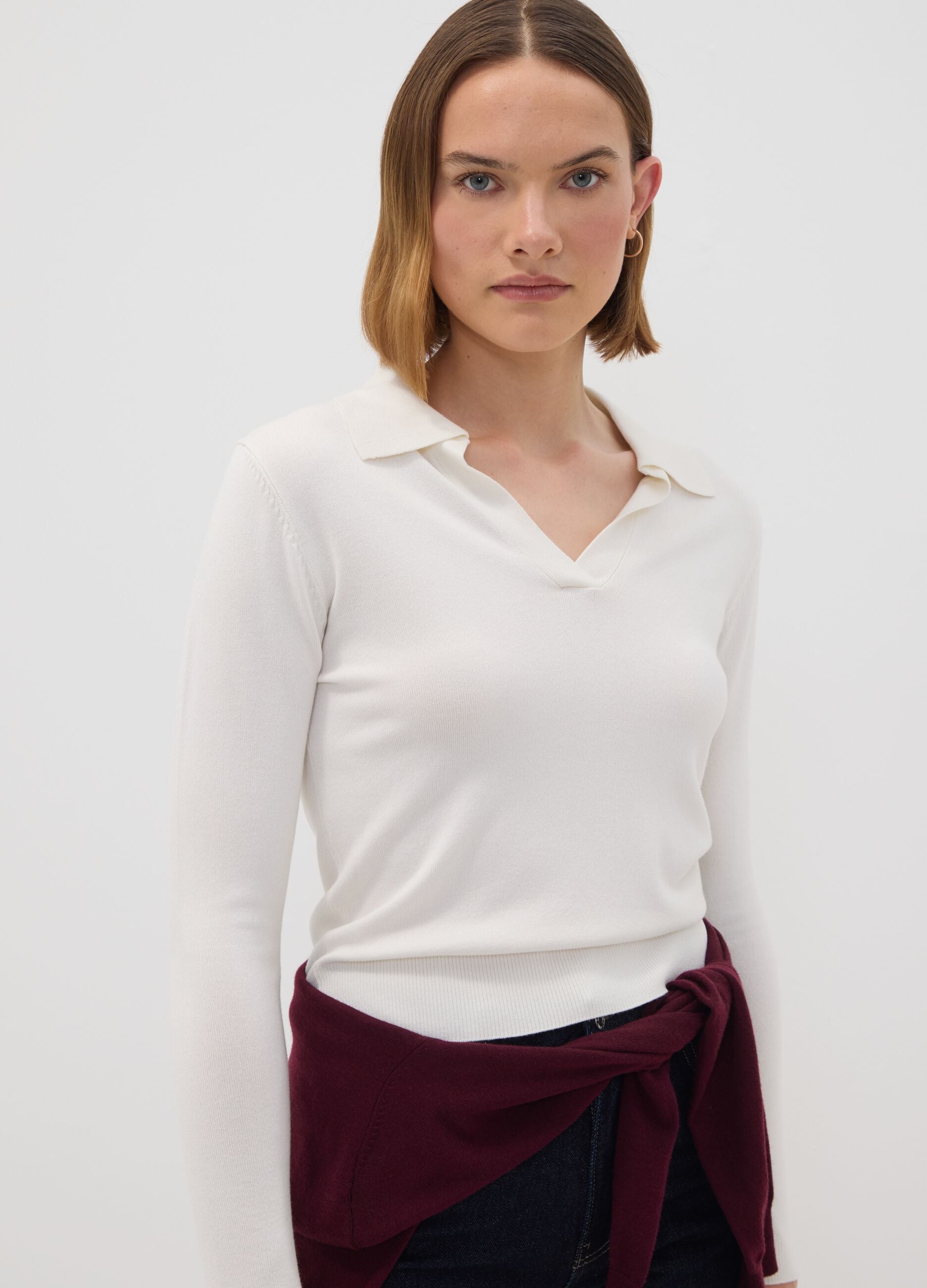 White viscose-blend polo-collar jumper, regular fit