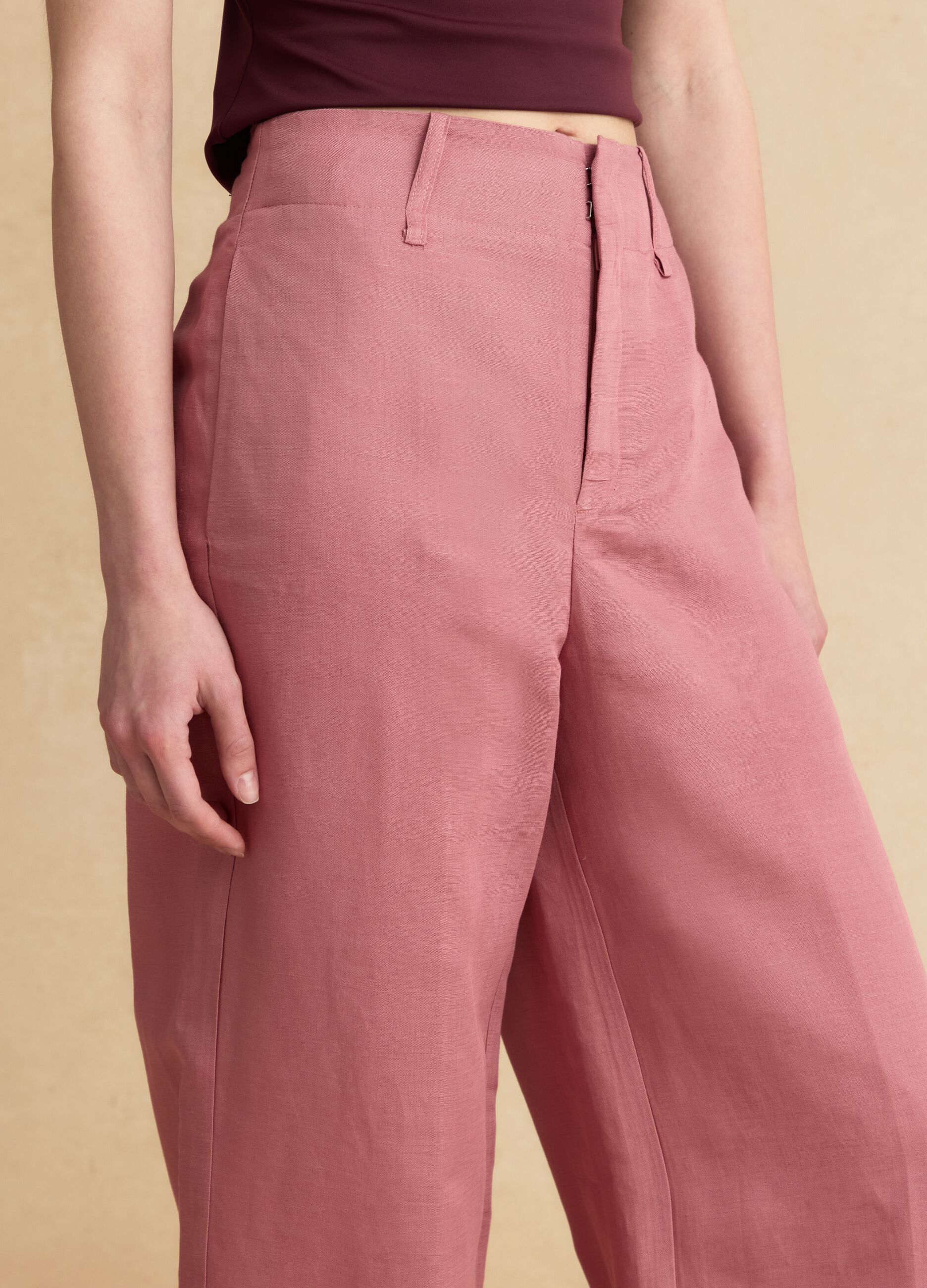 Pink linen-viscose blend wide-leg trousers with structured waistband