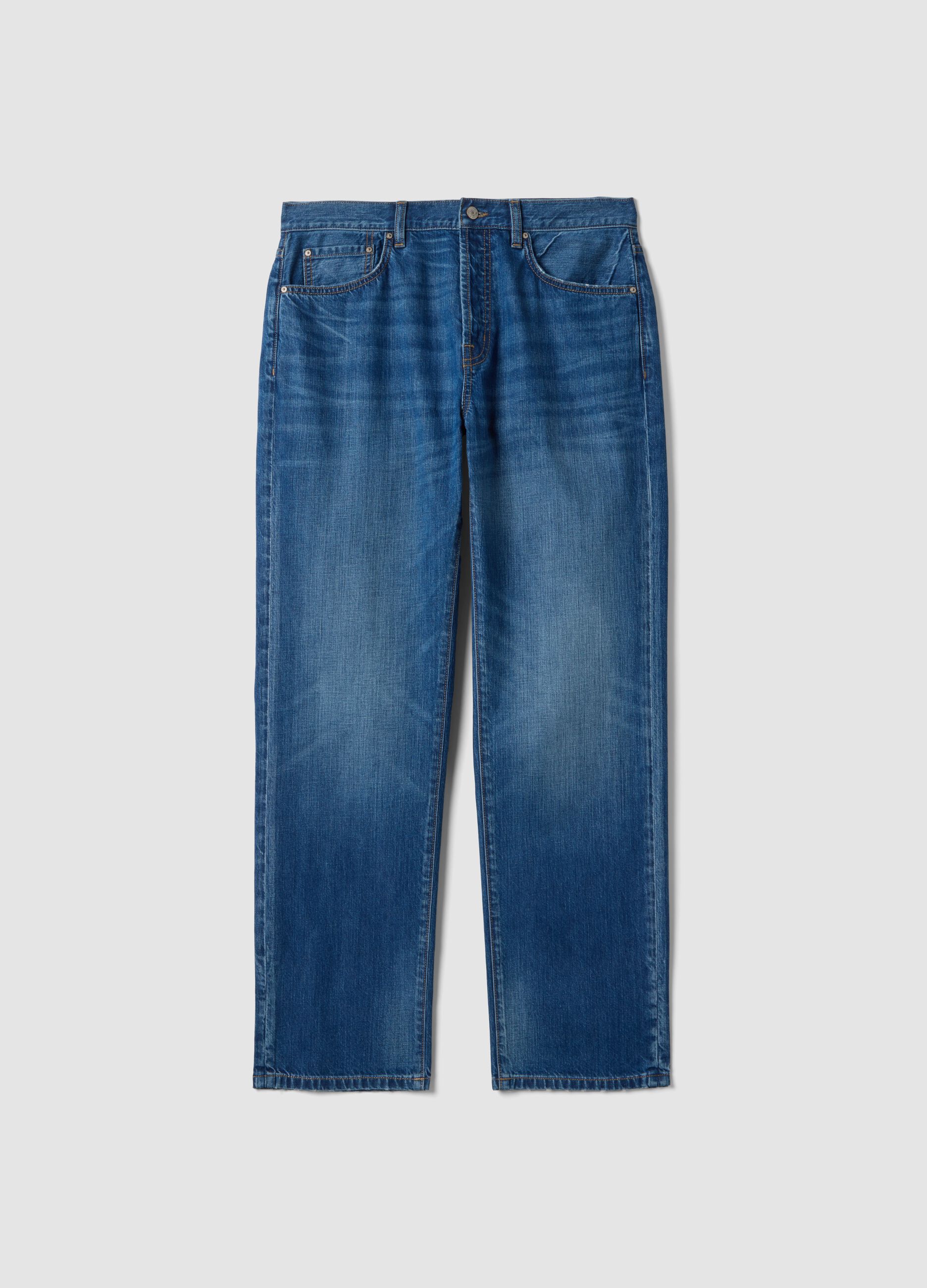 Blue cotton and linen blend denim jeans regular fit