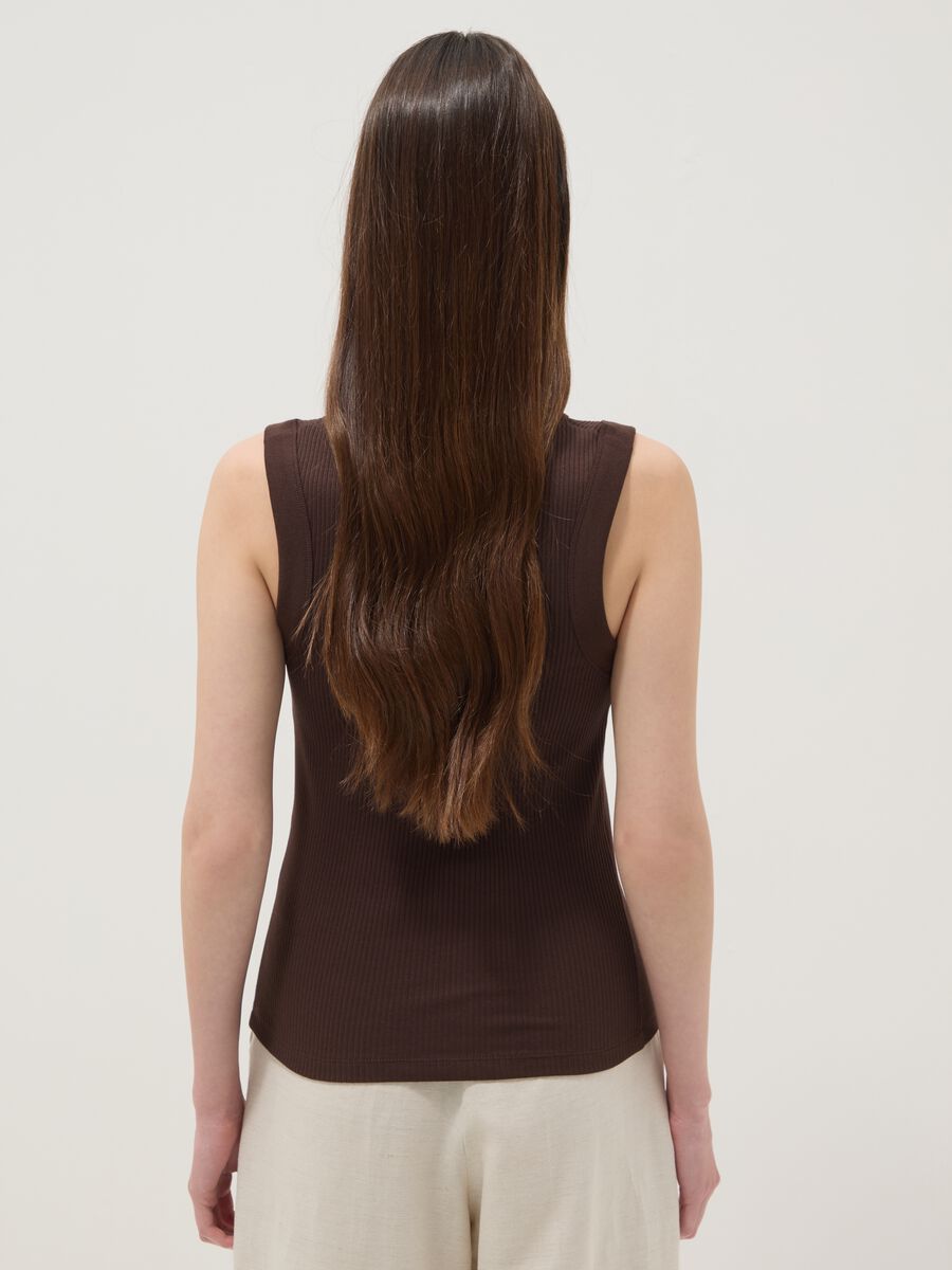 Brown fitted ribbed stretch-cotton tank top_3