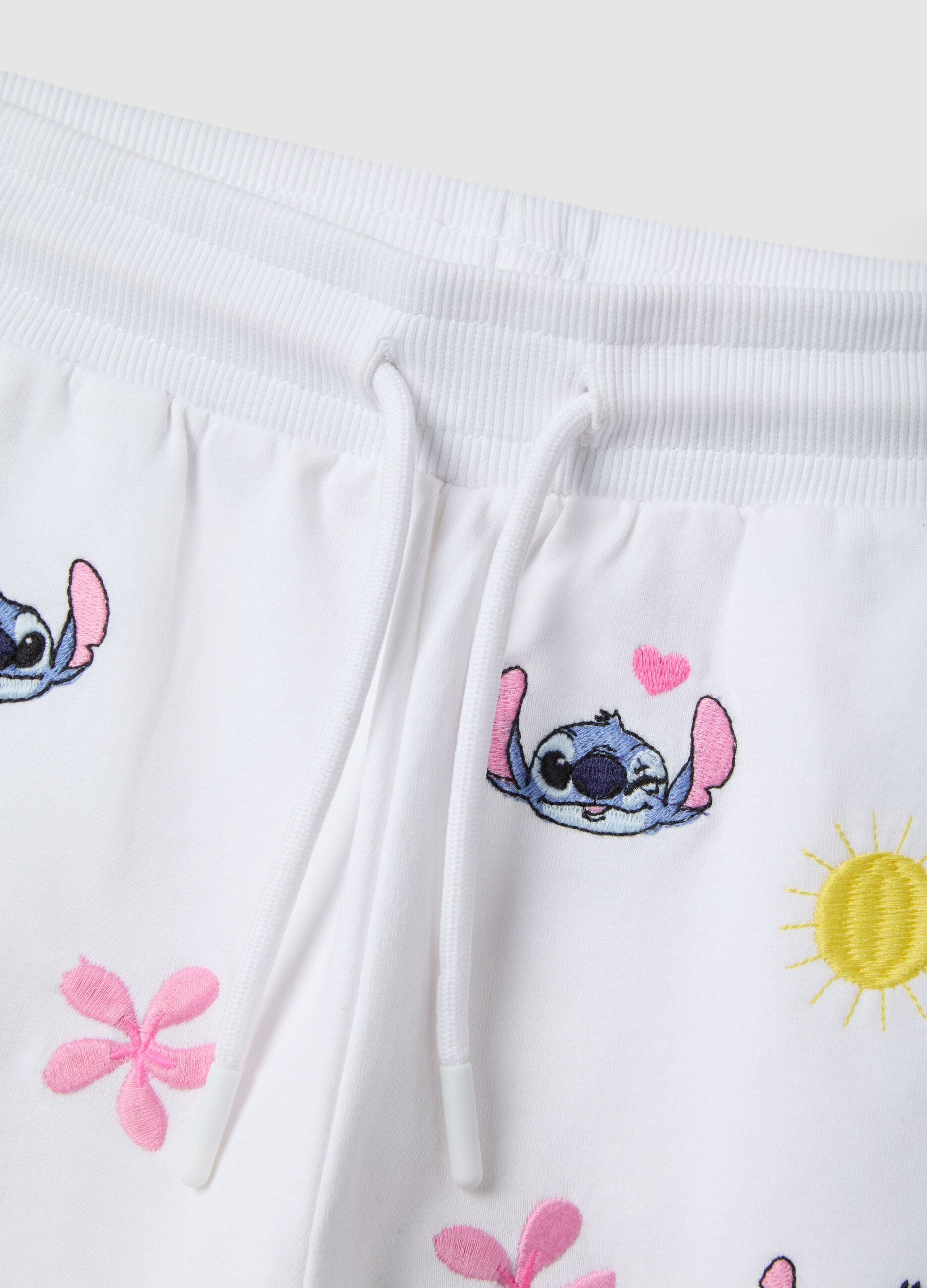 Girls' Regular Fit Pure White Cotton Shorts Featuring Stitch