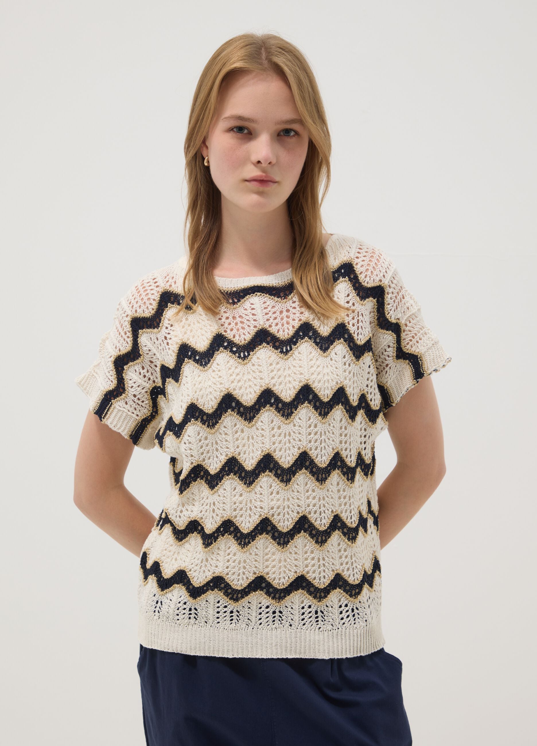 Beige openwork top with blue stripes in stretch cotton, regular fit