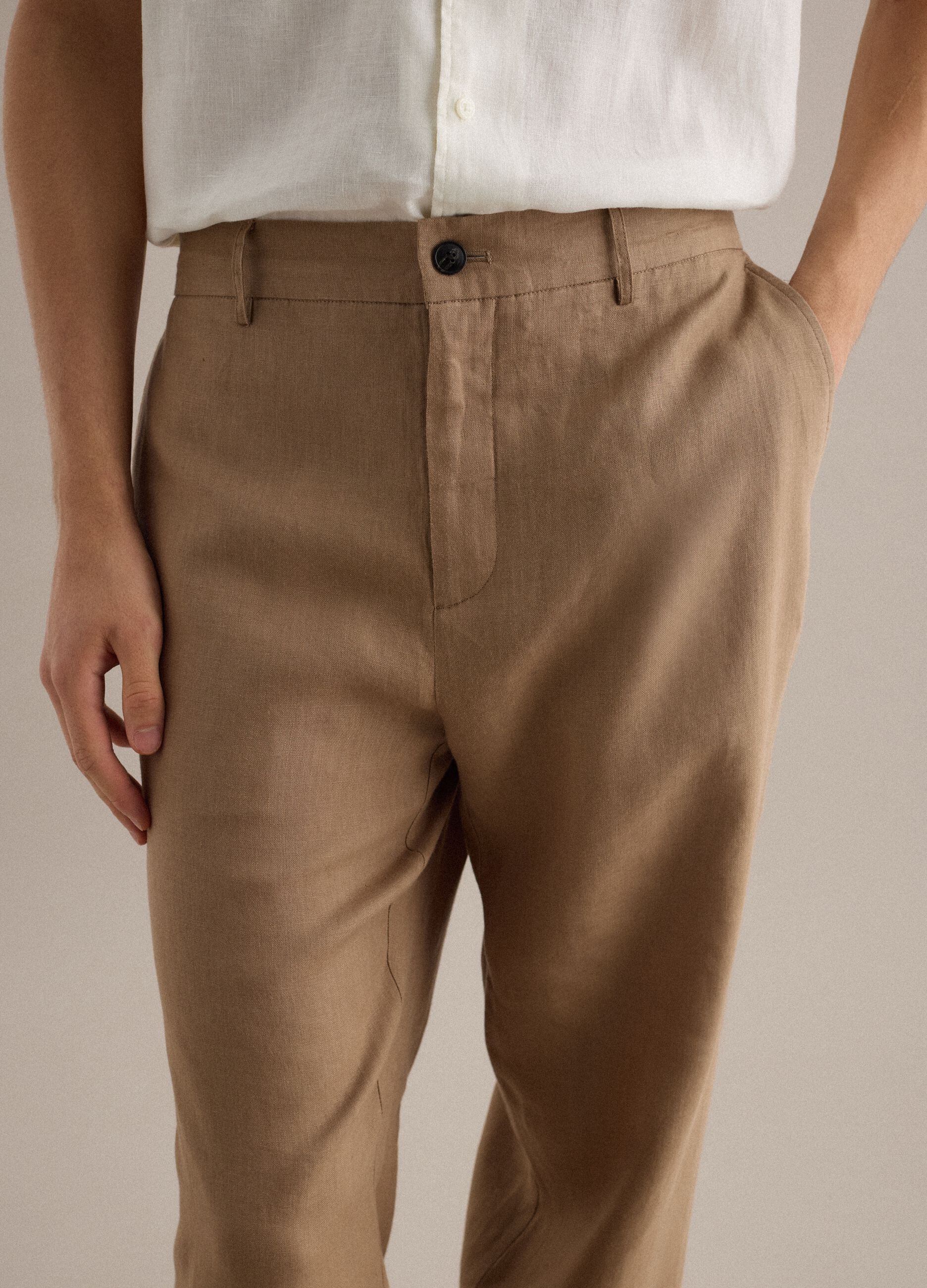 Brown pure linen trousers regular fit