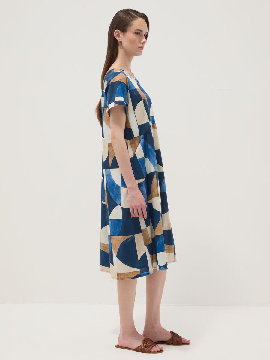 Multicolour stretch cotton midi dress with geometric print_0