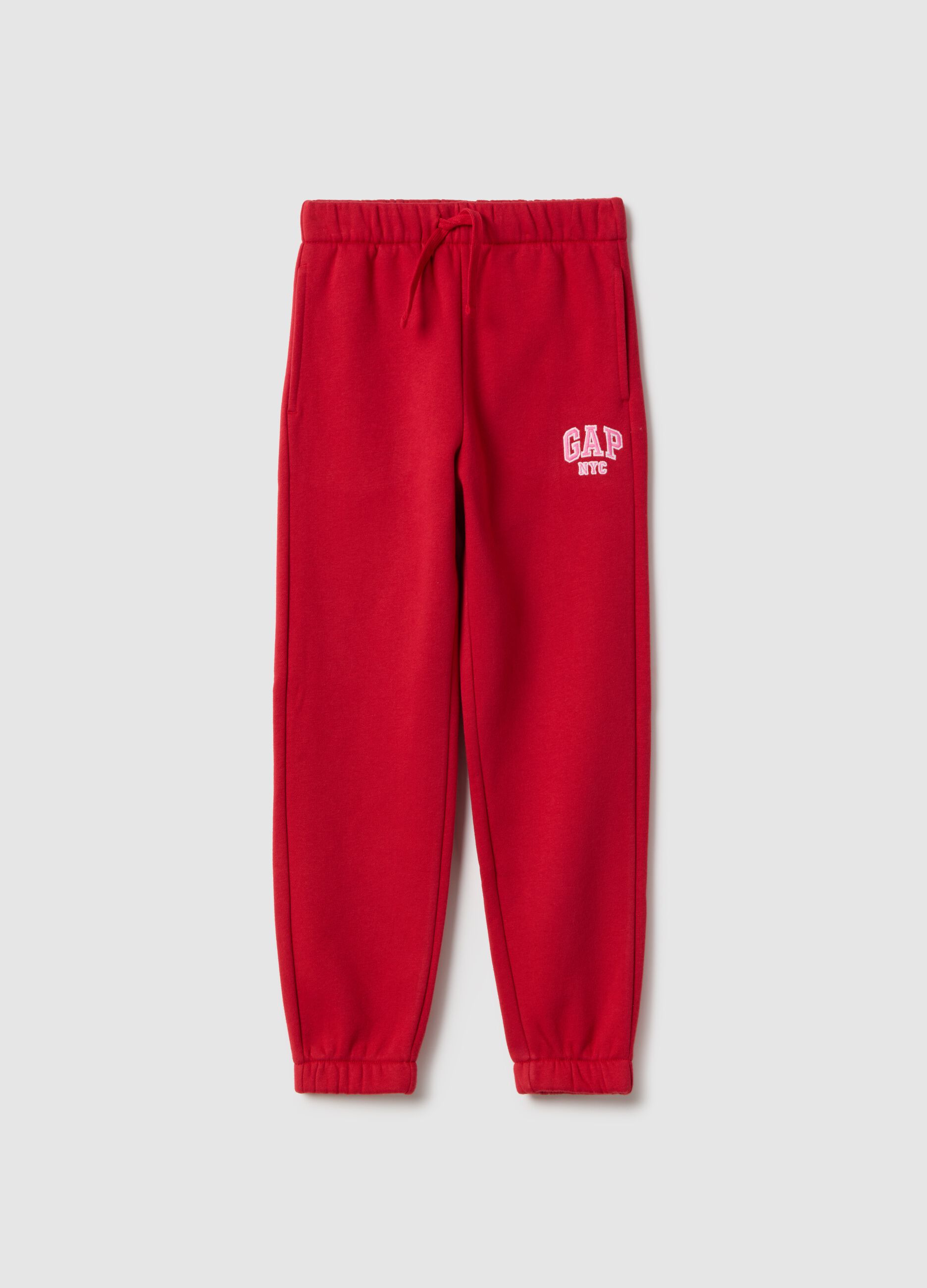 Girls' red cotton blend joggers with regular fit and logo