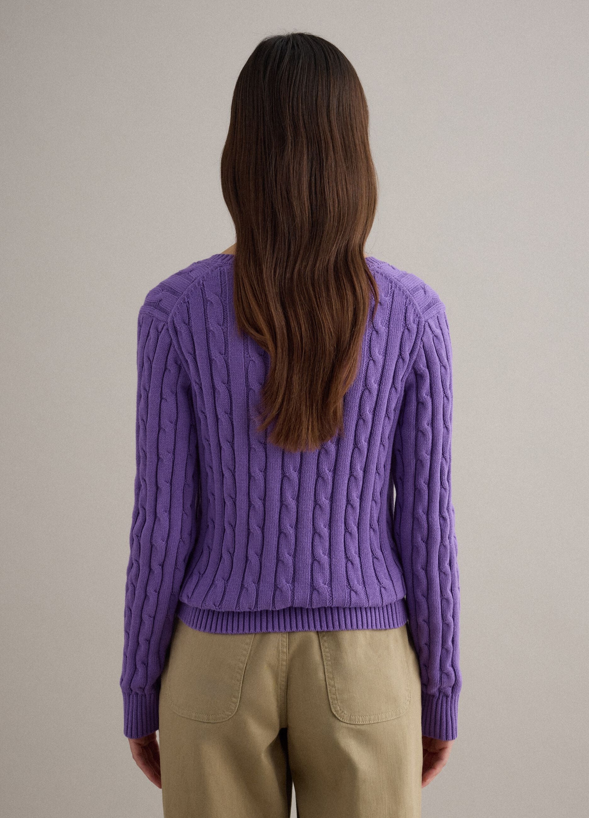 Purple pure cotton regular fit pullover with cable knit