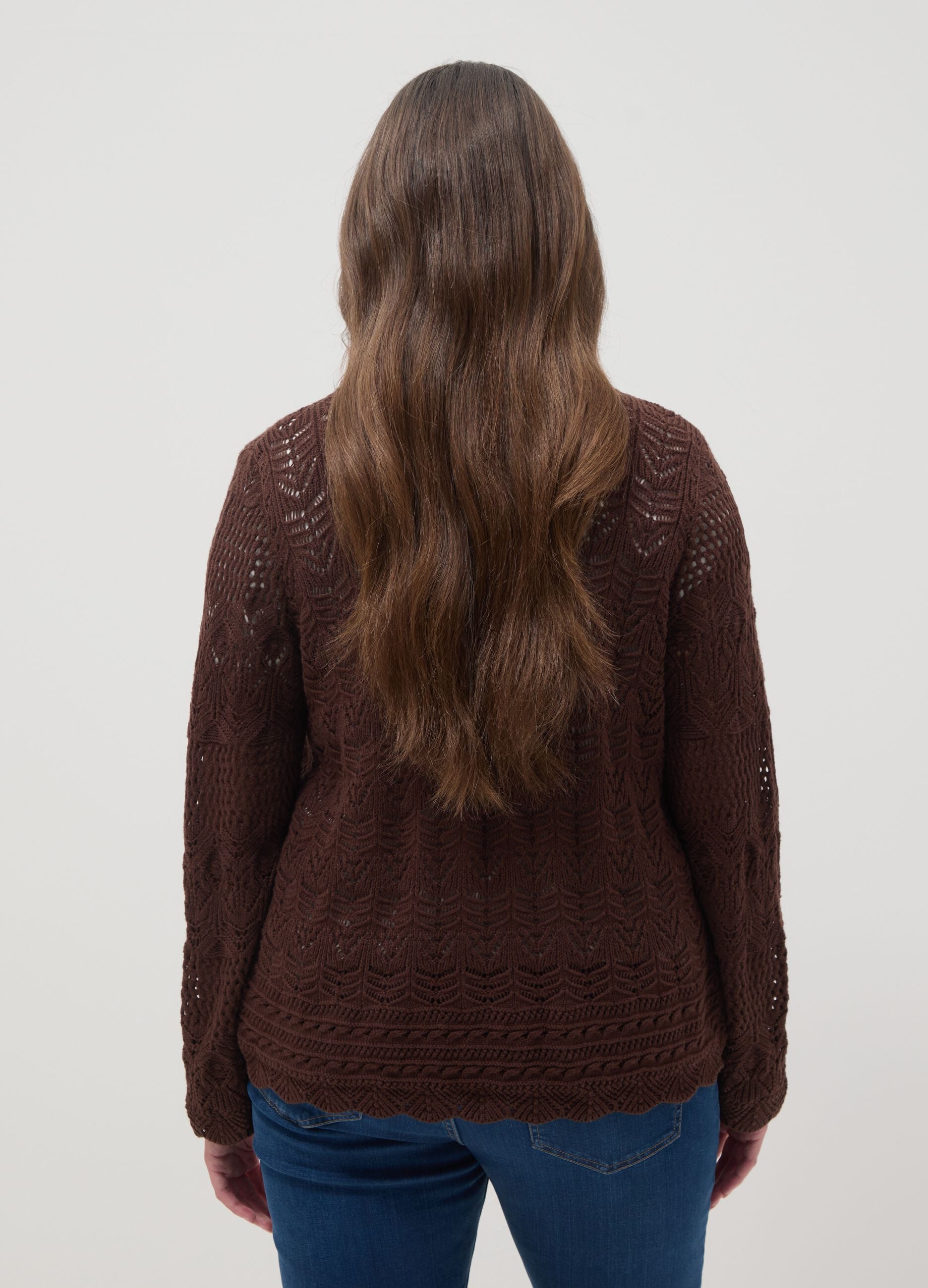 Brown pure cotton cardigan regular fit with lace pattern