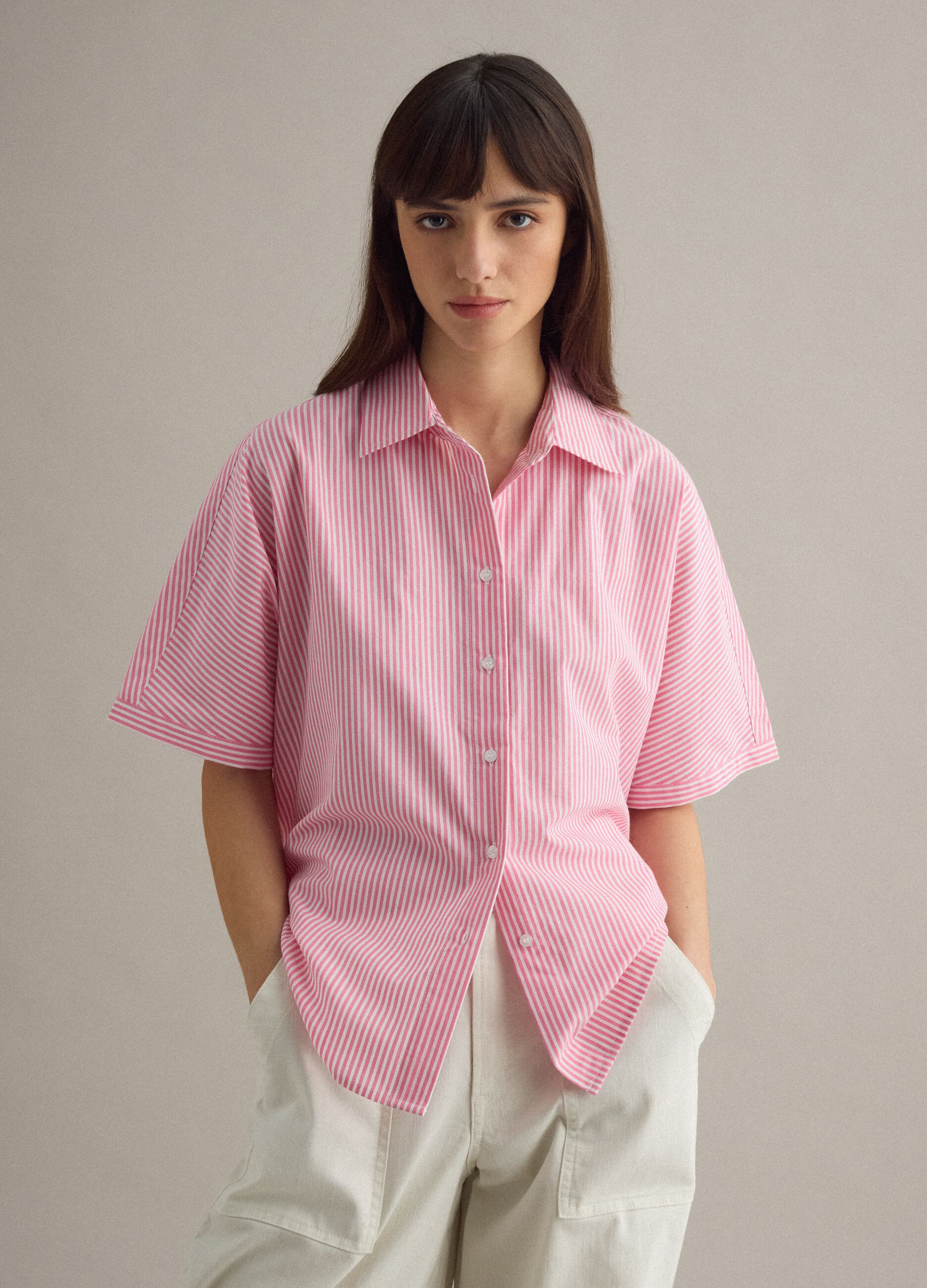 Oversized White and Pink Striped Pure Cotton Shirt