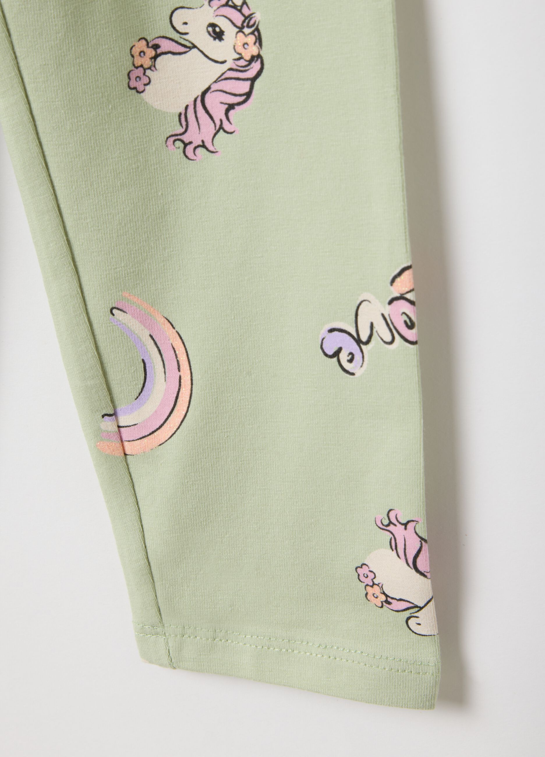 Girls' Green Stretch Cotton Leggings with Prints, Skinny Fit