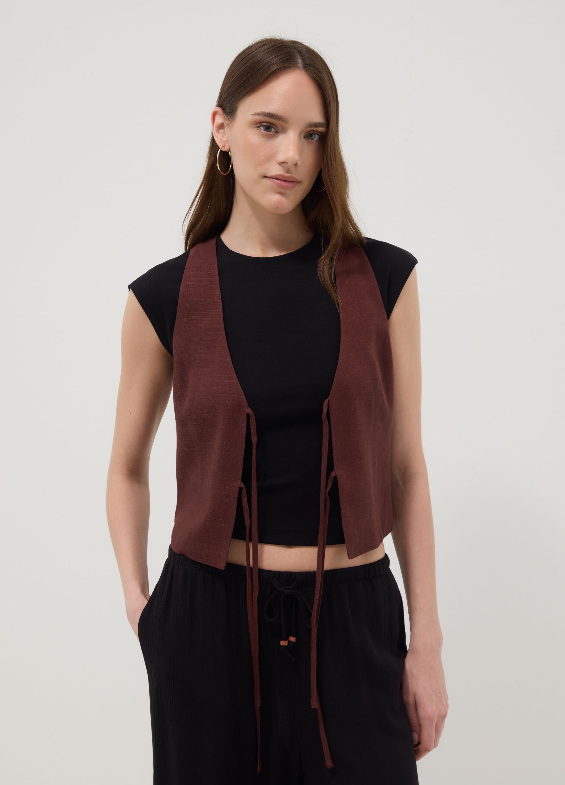 Brown viscose and linen-blend waistcoat, regular fit