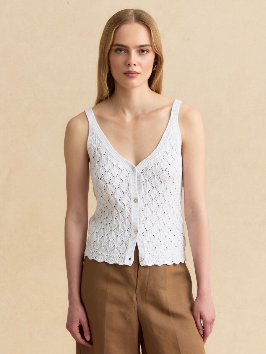 Top bianco in puro cotone con lavorazione a maglia e collo a V_0