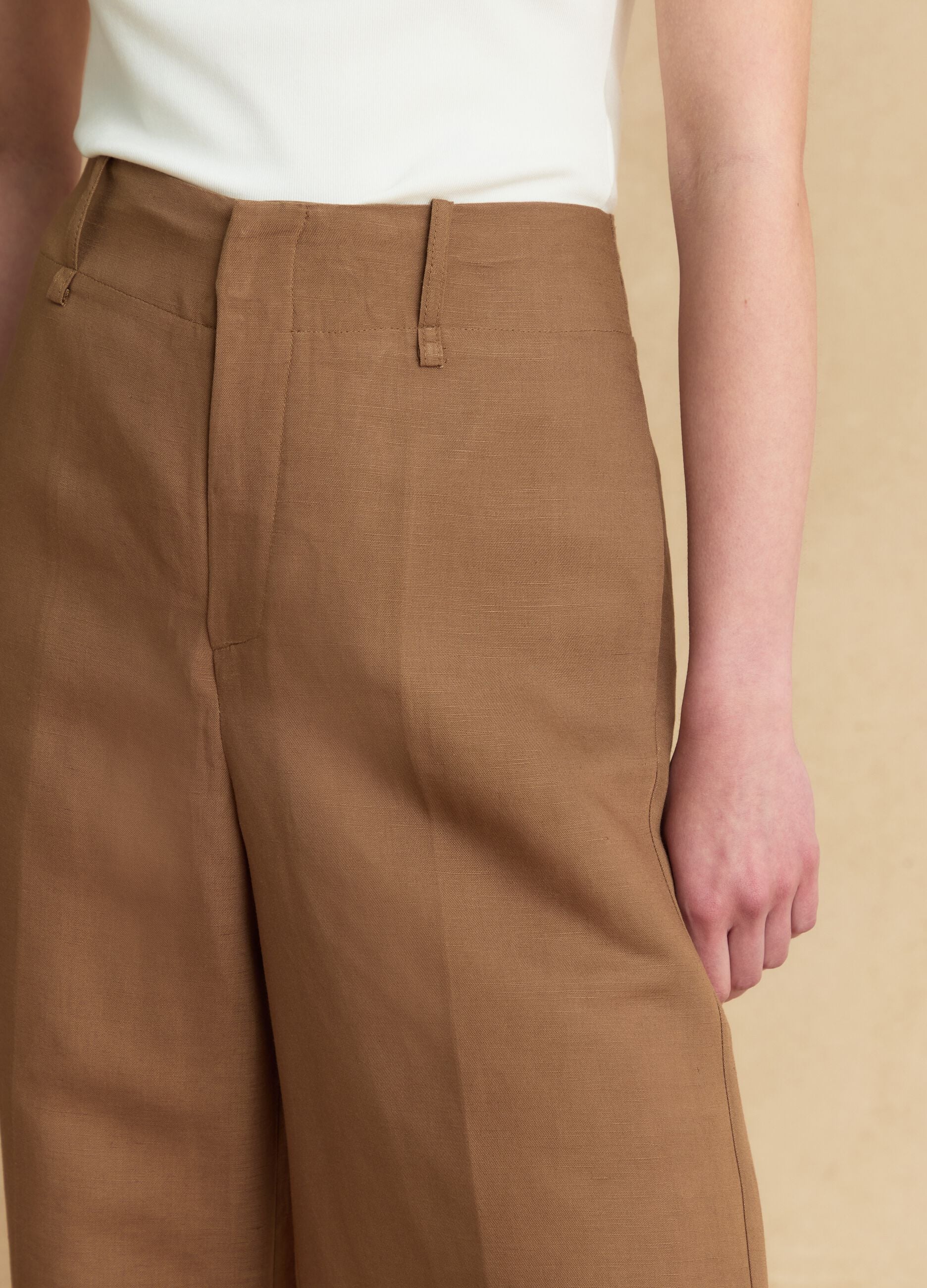 Brown linen-viscose blend wide-leg trousers with structured waistband