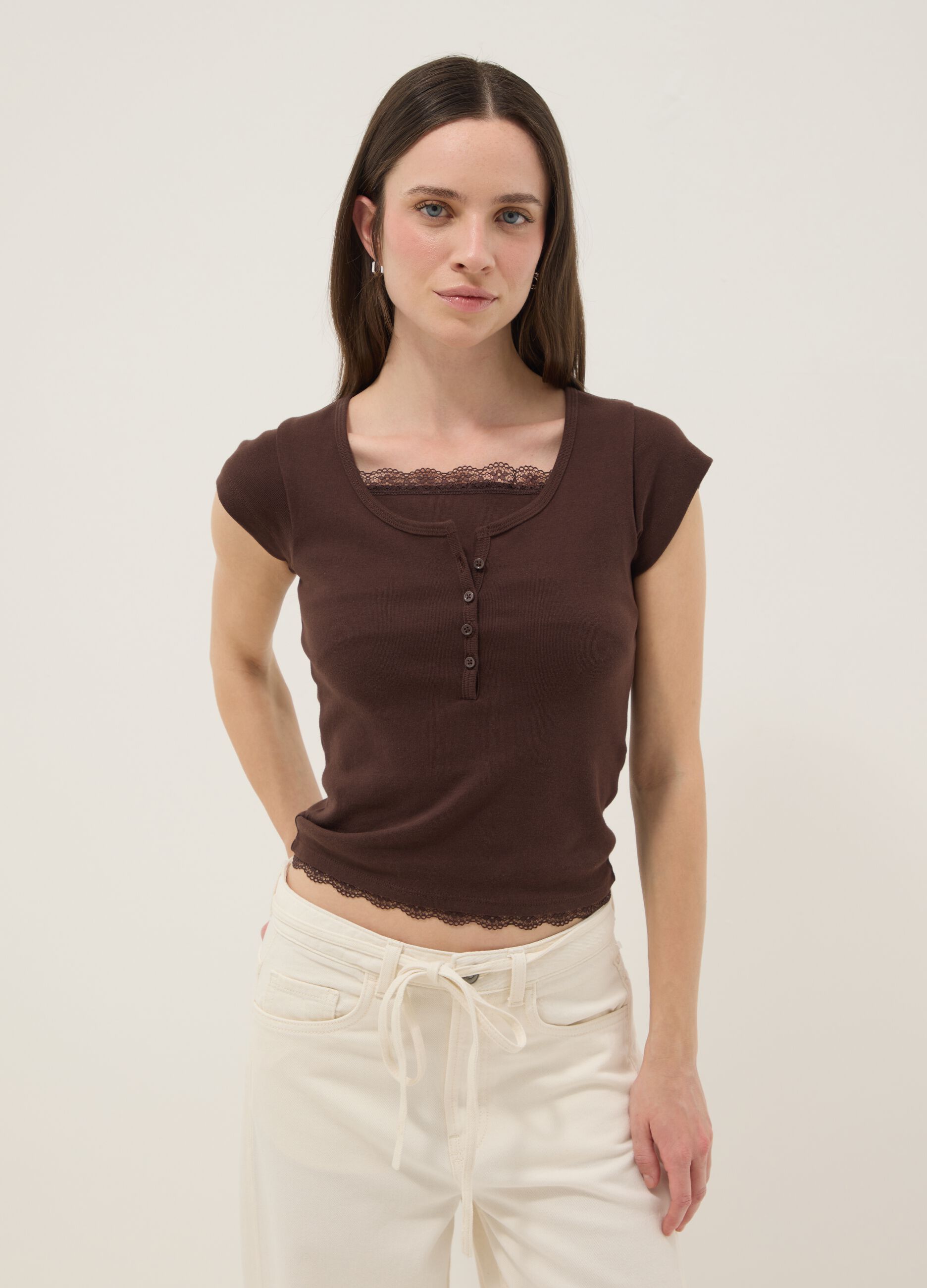 Brown regular fit cotton blend T-shirt with lace details