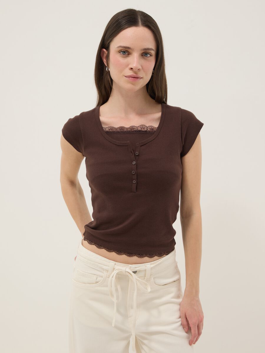 Brown regular fit cotton blend T-shirt with lace details_0
