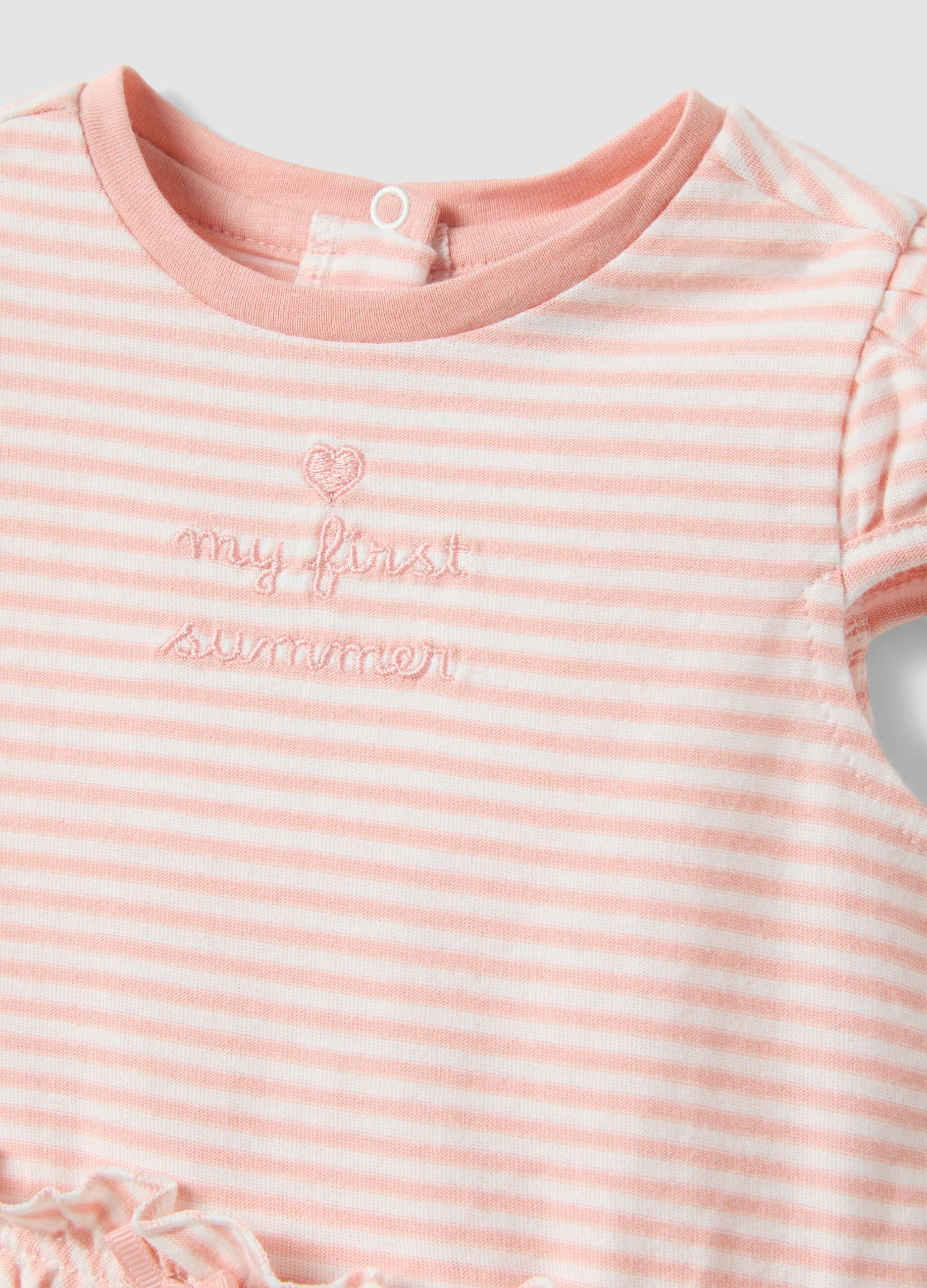 Multicolour striped pure cotton romper with embroidery for baby girls