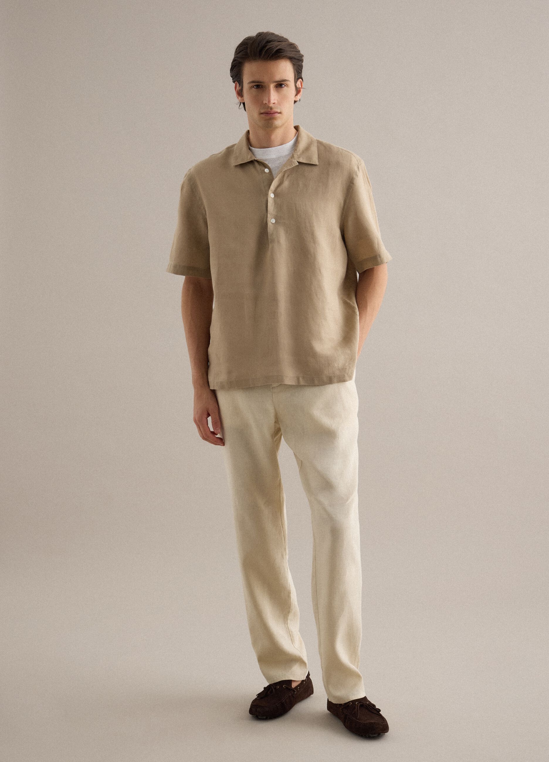 Beige pure linen regular fit shirt with bowling collar
