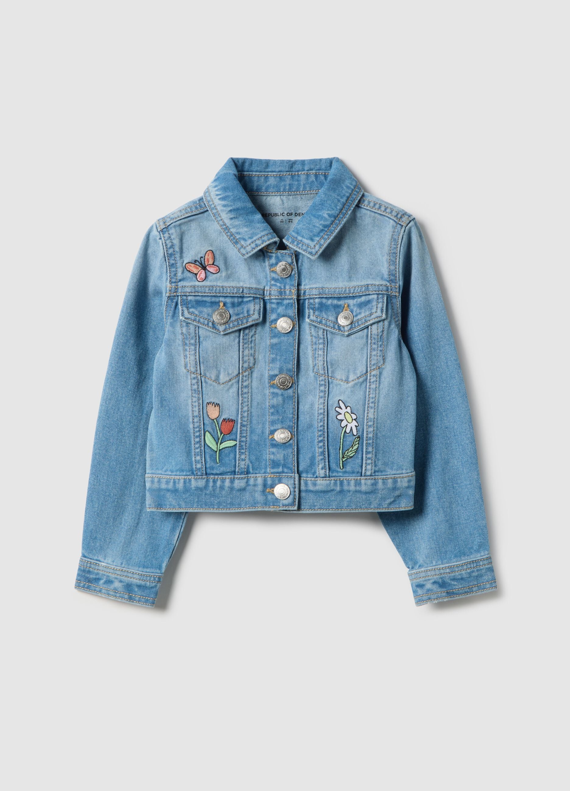 Blue regular fit pure cotton denim jacket with embellishments