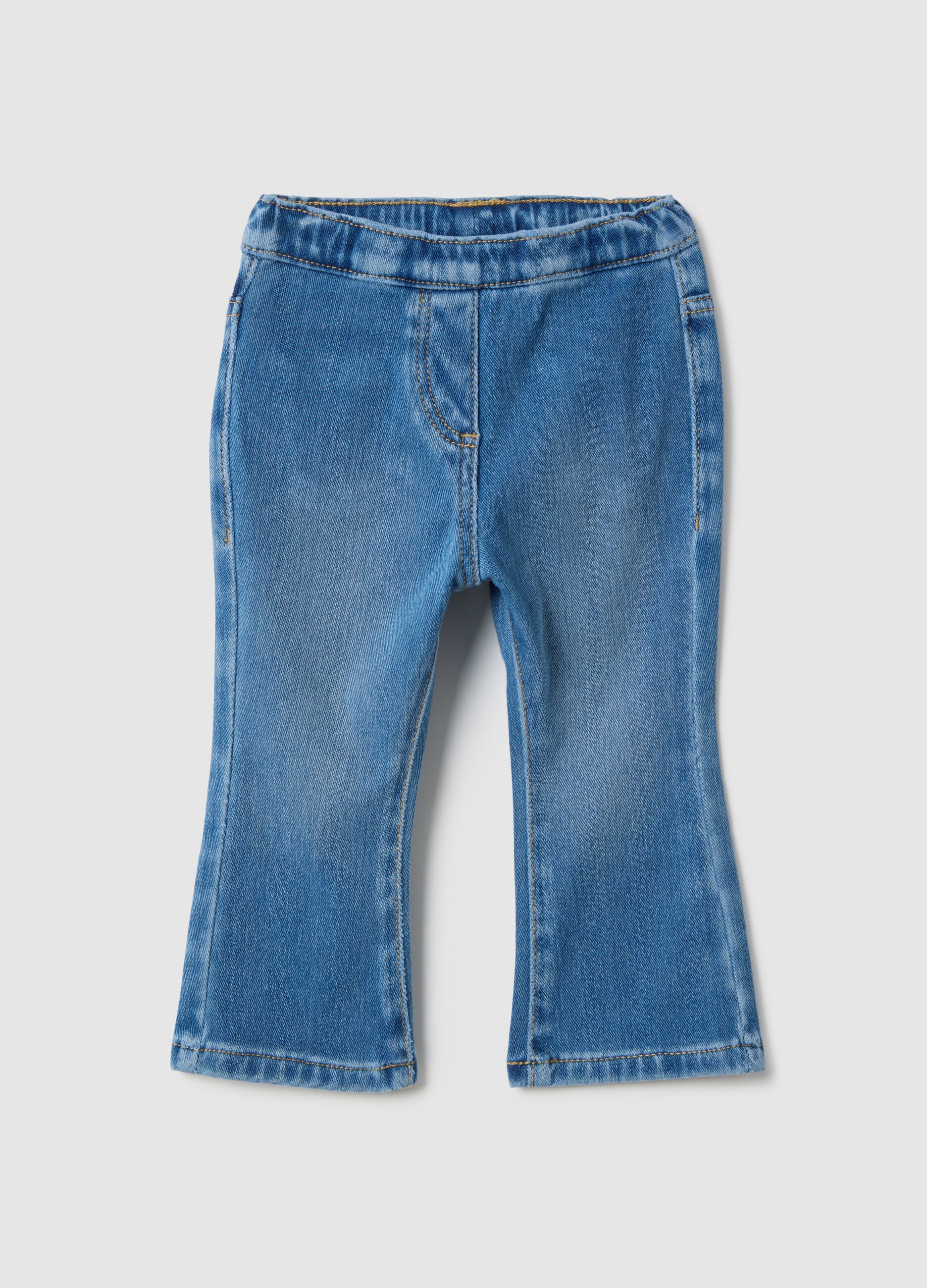 Blue denim jeggings in cotton blend flare fit for girls