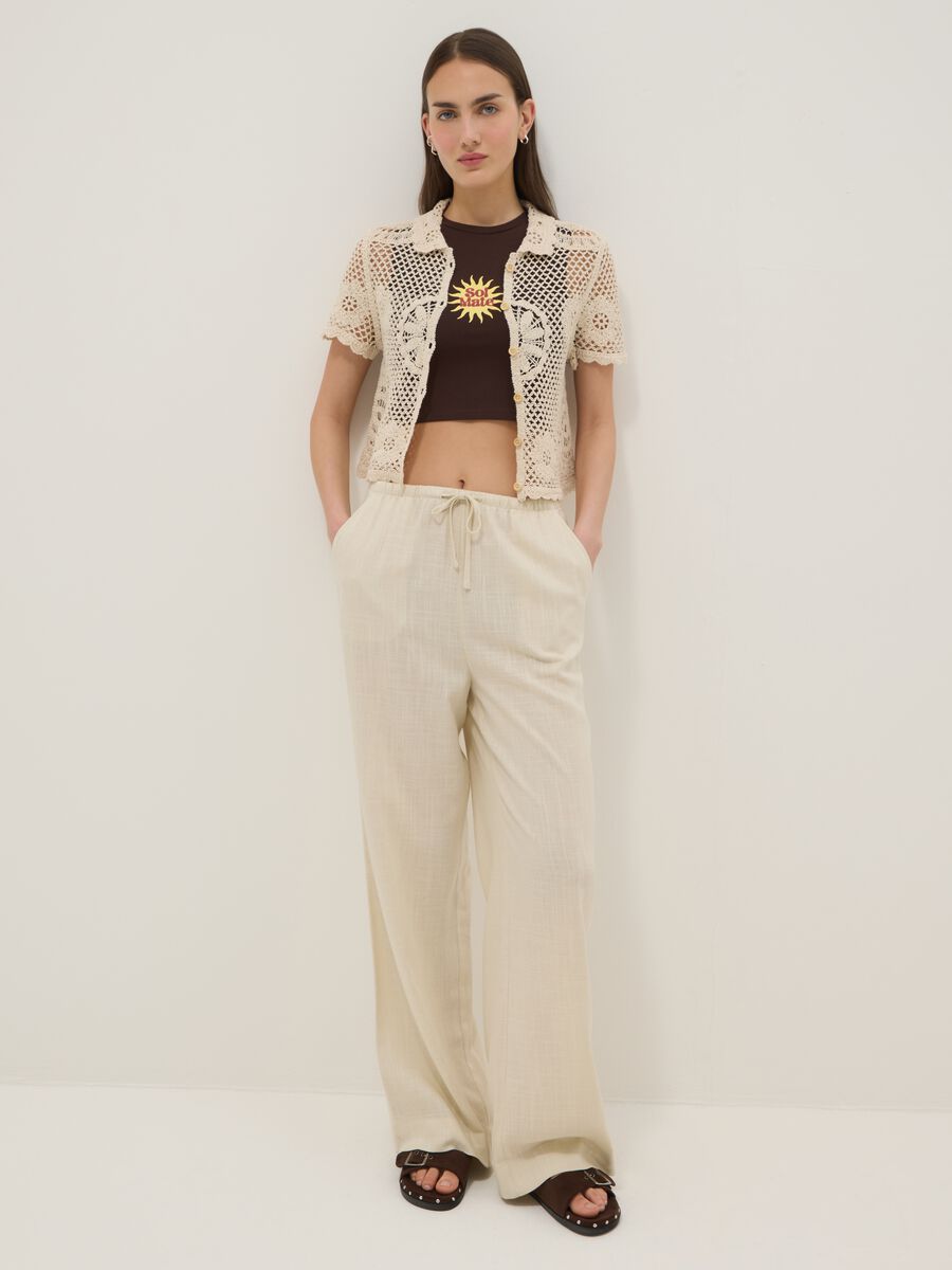 Camicia in misto cotone beige regular fit con lavorazione a maglia_2