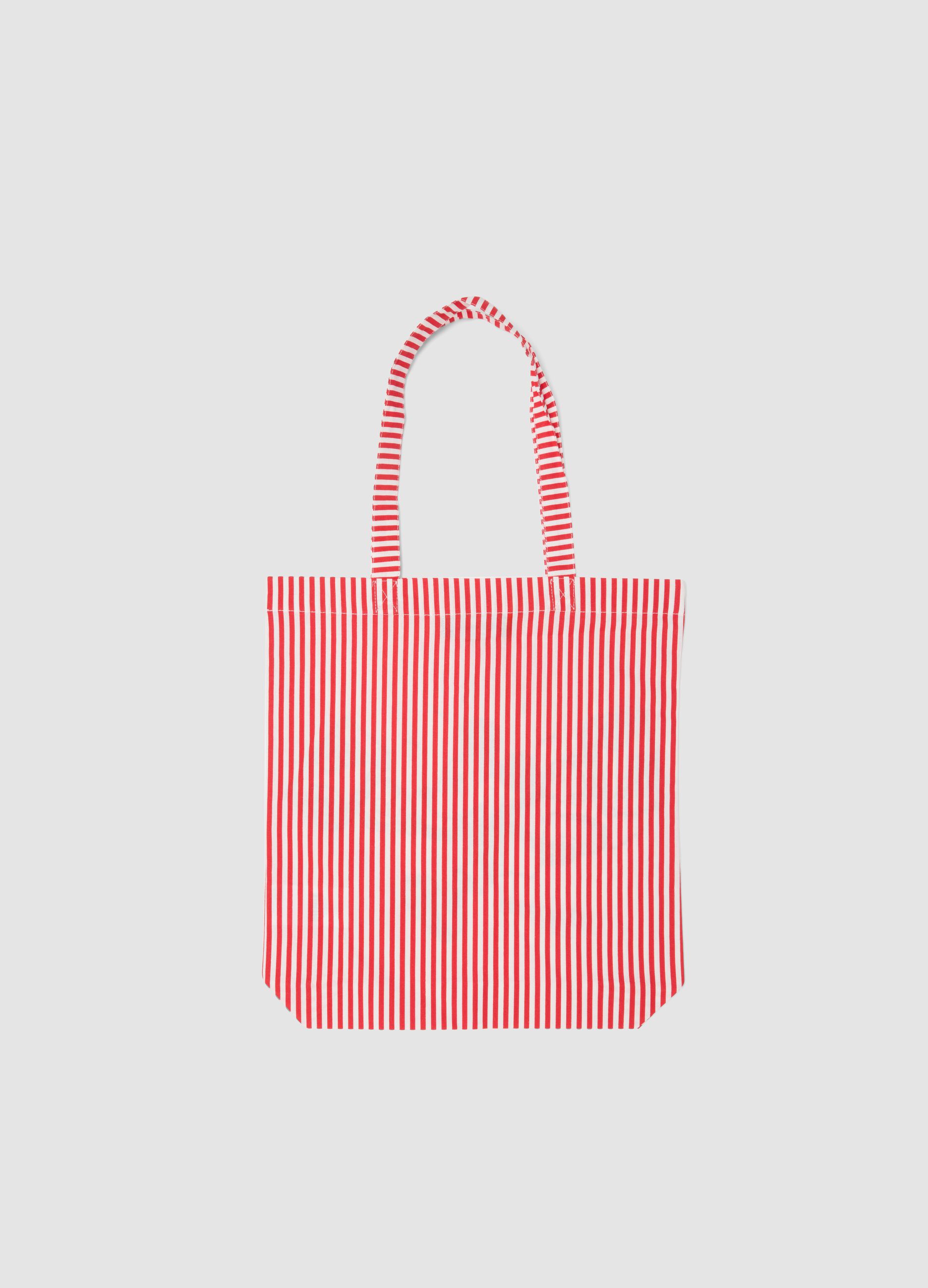 Red and white striped pure cotton tote bag with Mickey Mouse print
