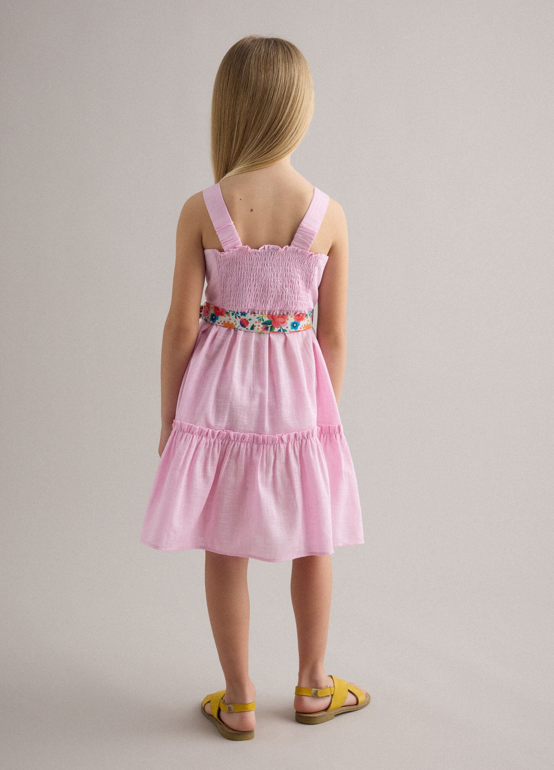 Girls' regular fit pink pure cotton dress with floral belt