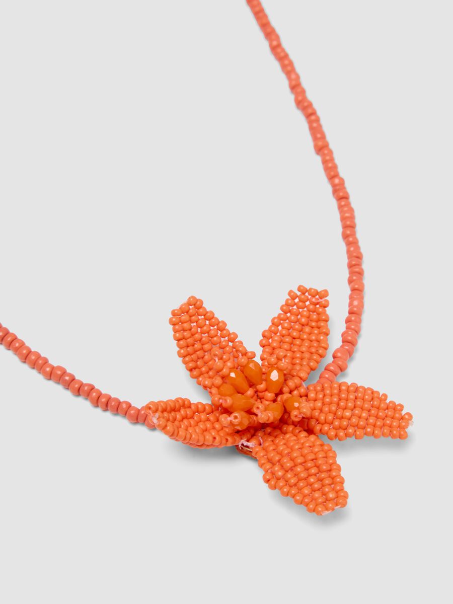 Beaded necklace with orange flower pendant_1