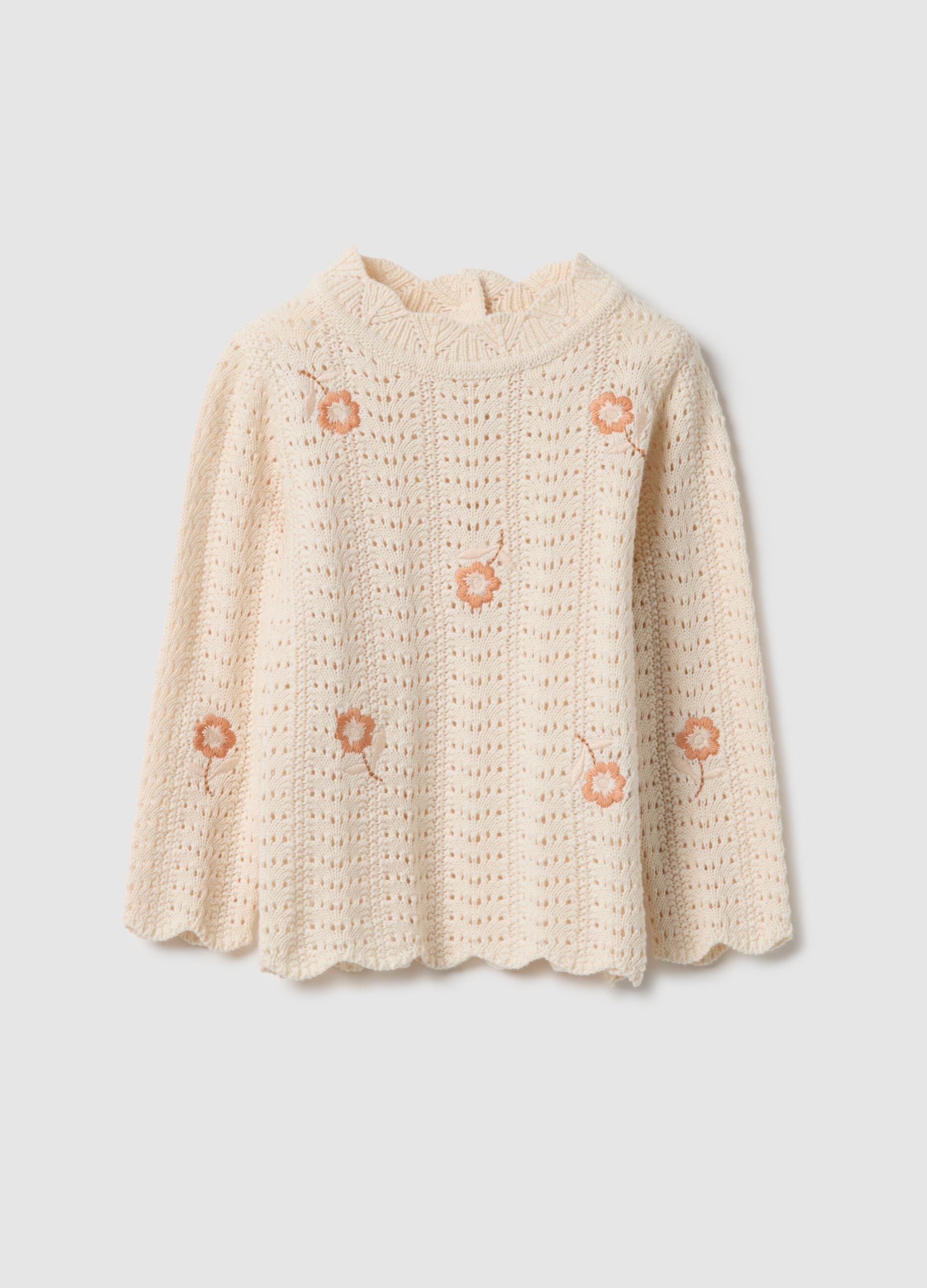 Beige pure cotton perforated jumper for girls, regular fit with embroidery