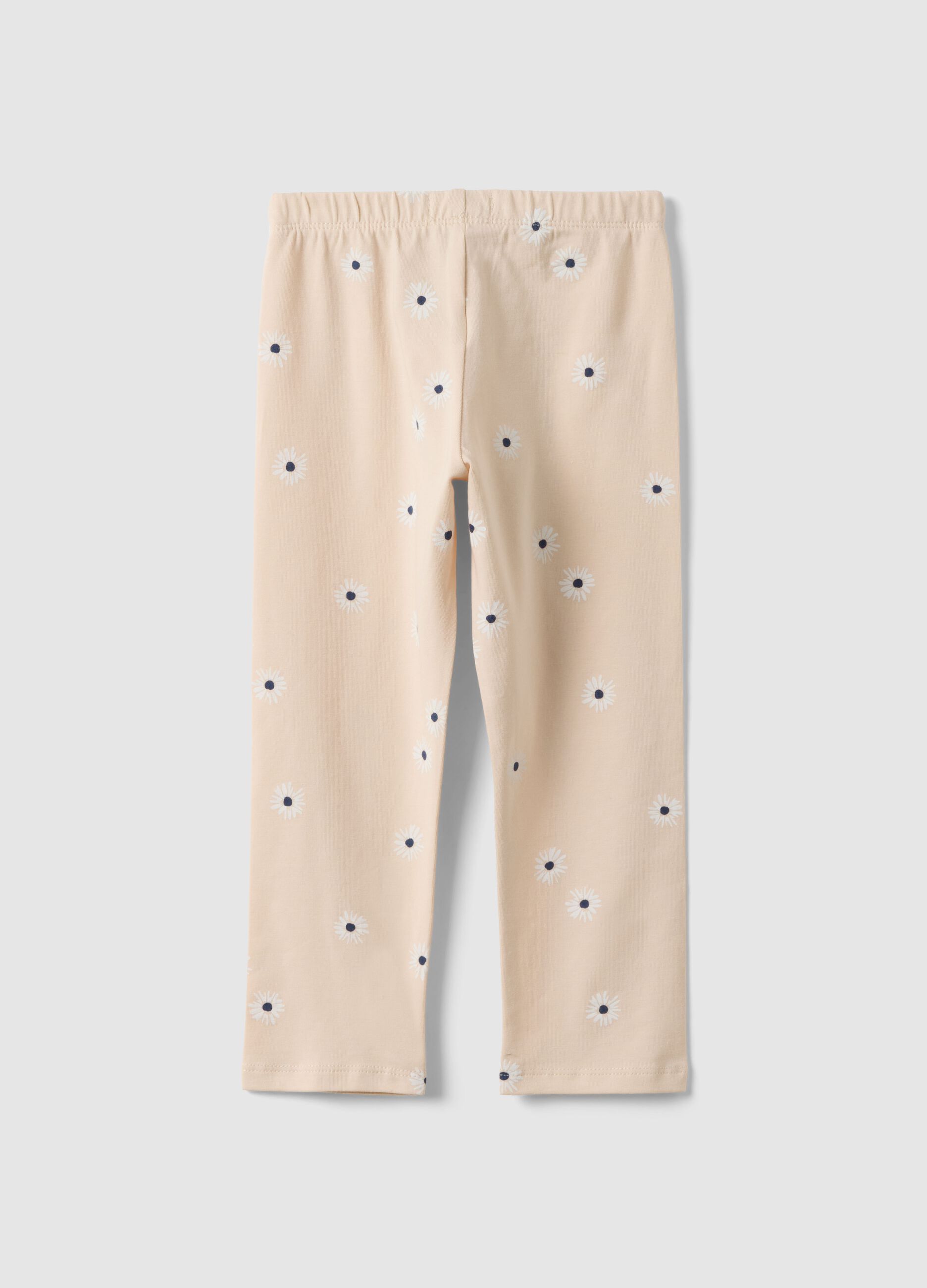 Girls' beige skinny leggings in stretch cotton with flowers