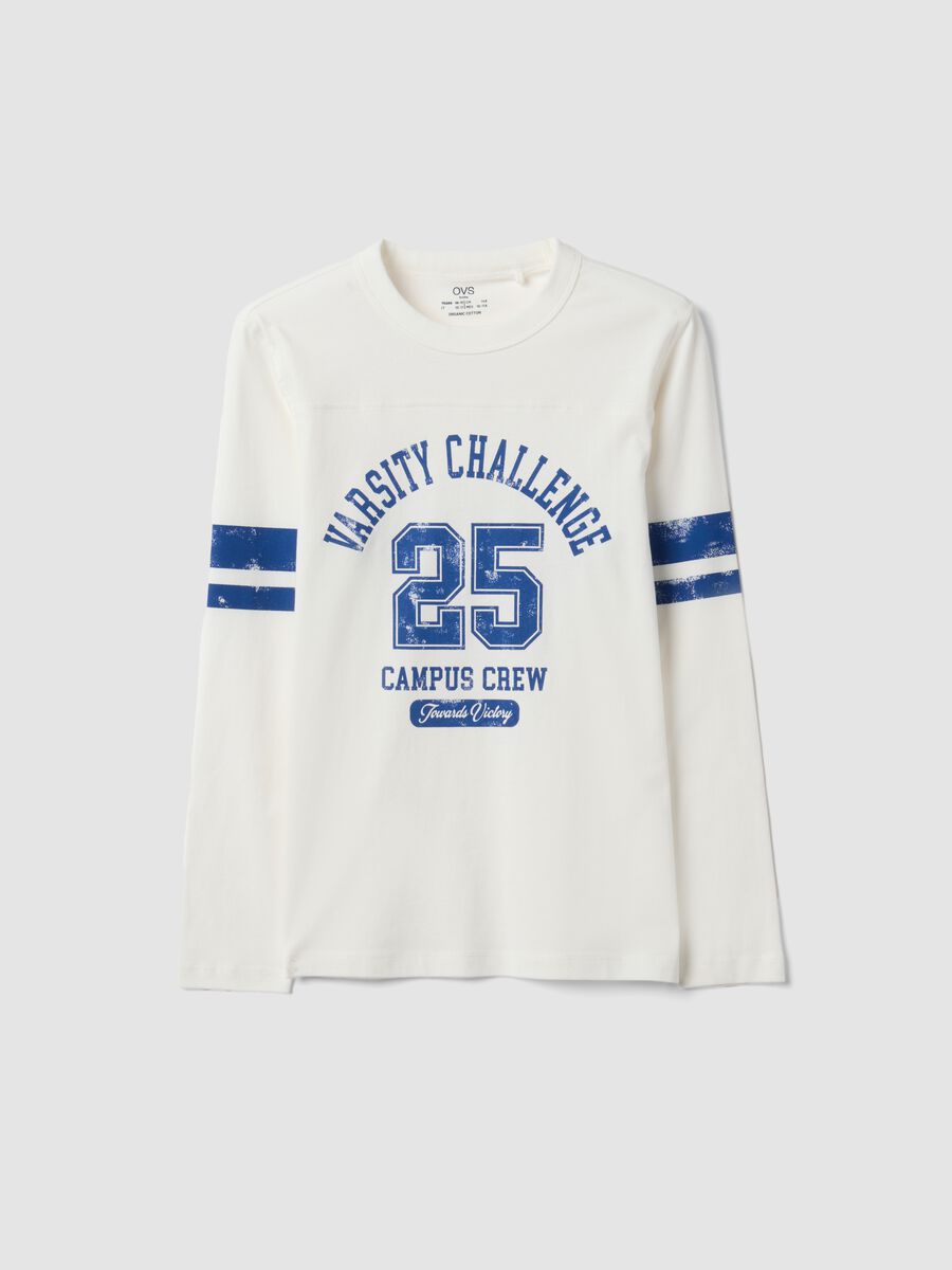 T-shirt bianca in puro cotone organico con stampa college per ragazzo_0