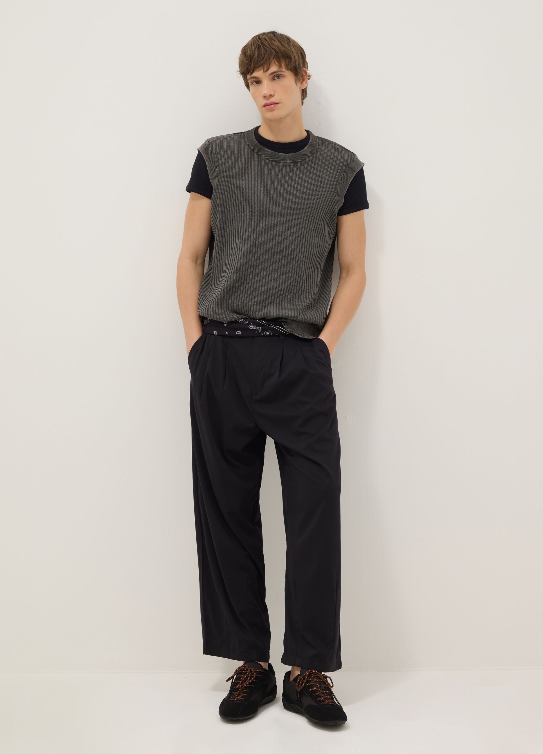 Oversize fit grey ribbed pure cotton vest