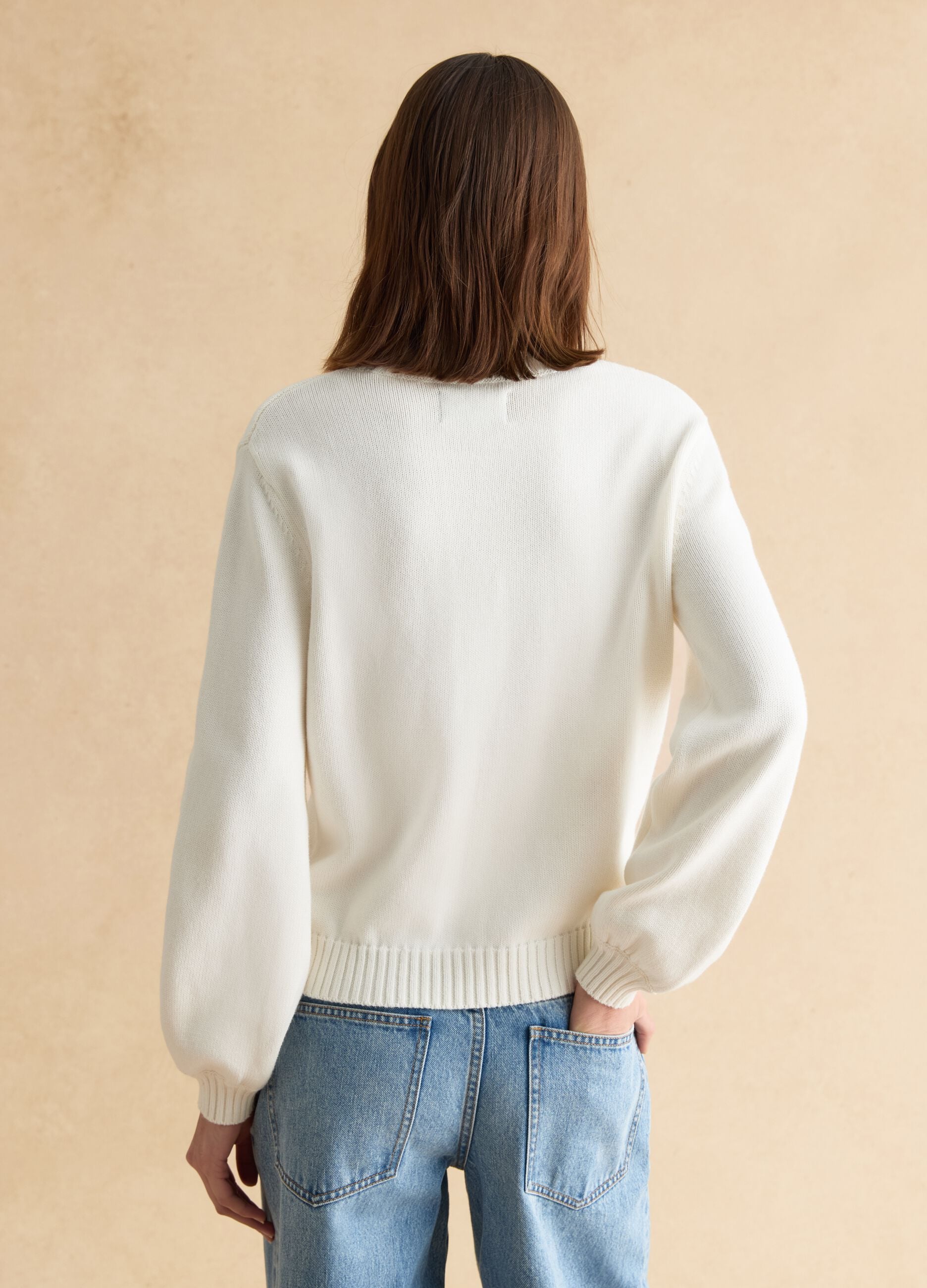 White pure cotton sweater with floral design regular fit