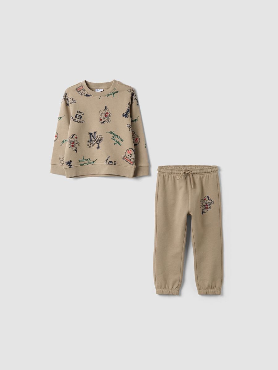 Beige pure cotton crew-neck printed set for baby boy_0